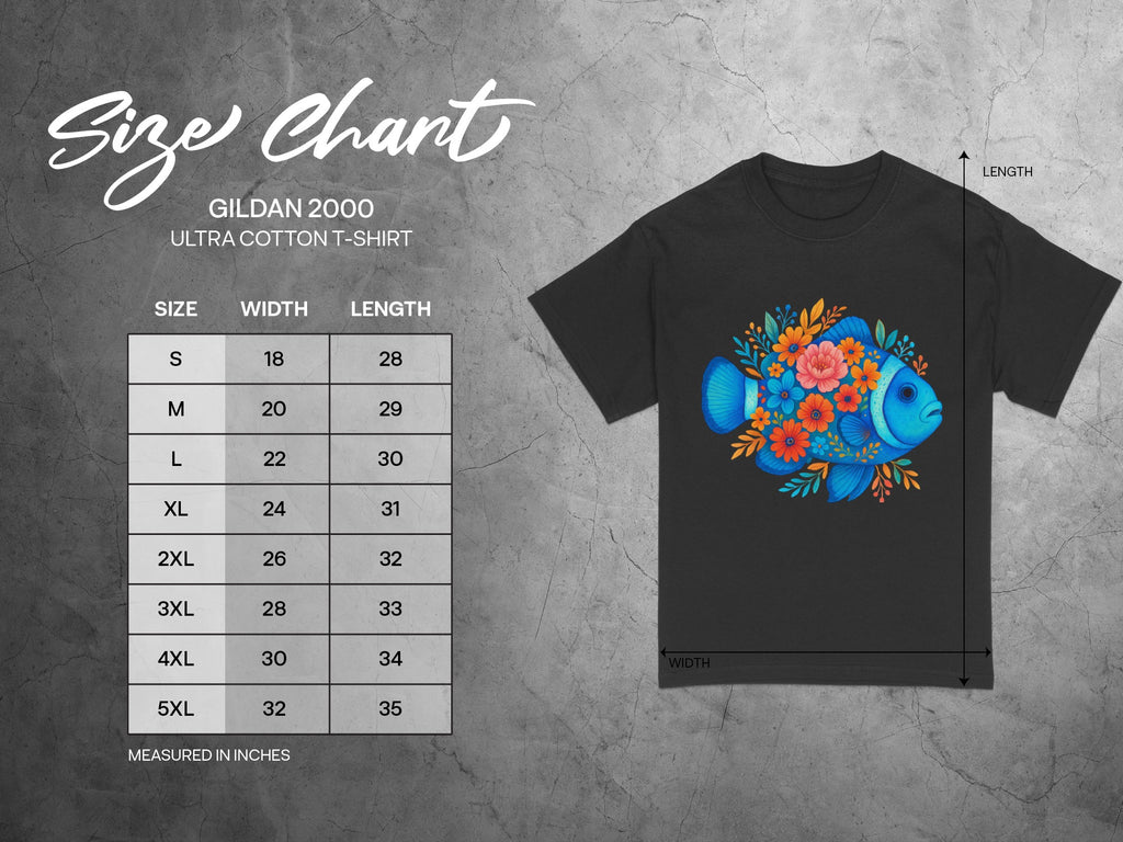 Size chart for Gildan 2000 Ultra Cotton T-Shirt with measurements in inches.