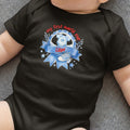 Black baby onesie with "my first world cup" text and a soccer shoe.