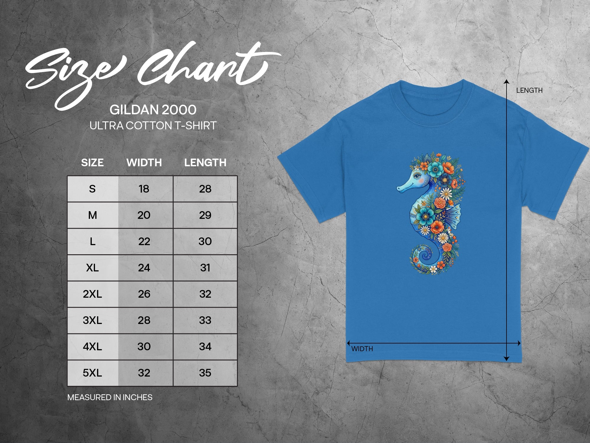 Gildan 2000 Ultra Cotton T-shirt size chart with measurements in inches.
