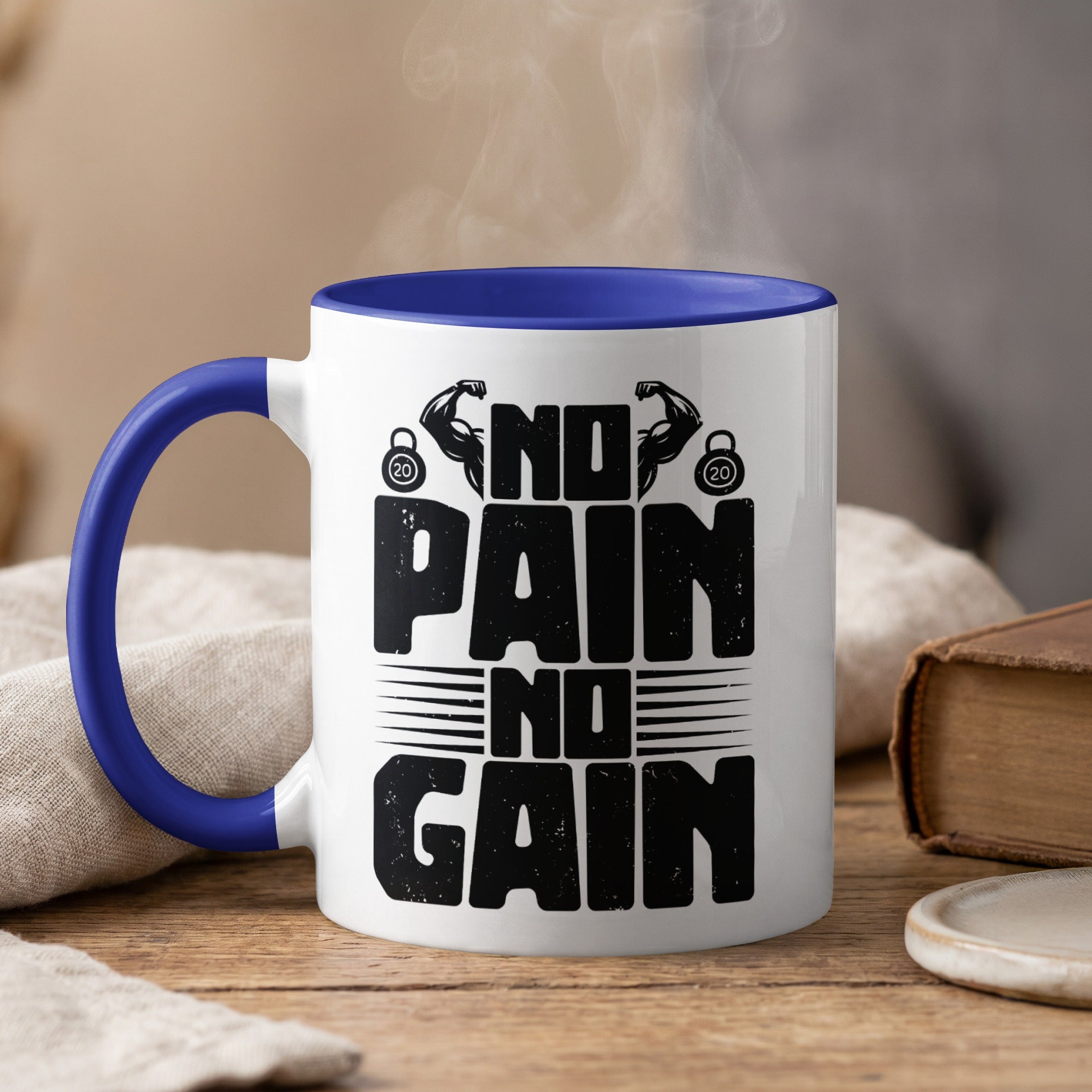 White mug with blue handle and rim, features "NO PAIN NO GAIN" text.
