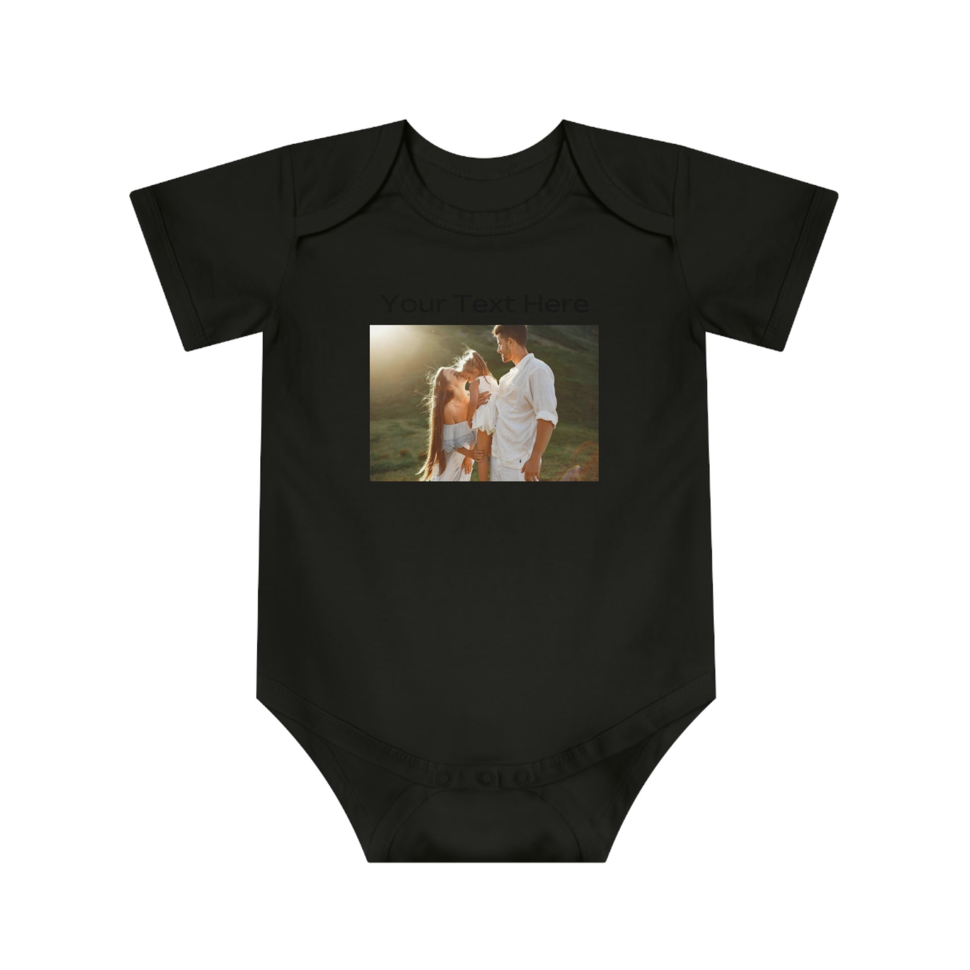Black baby onesie with a family photo and "Your Text Here" text.