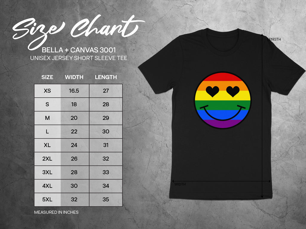 Size chart for Bella + Canvas 3001 unisex jersey short sleeve tee in inches.