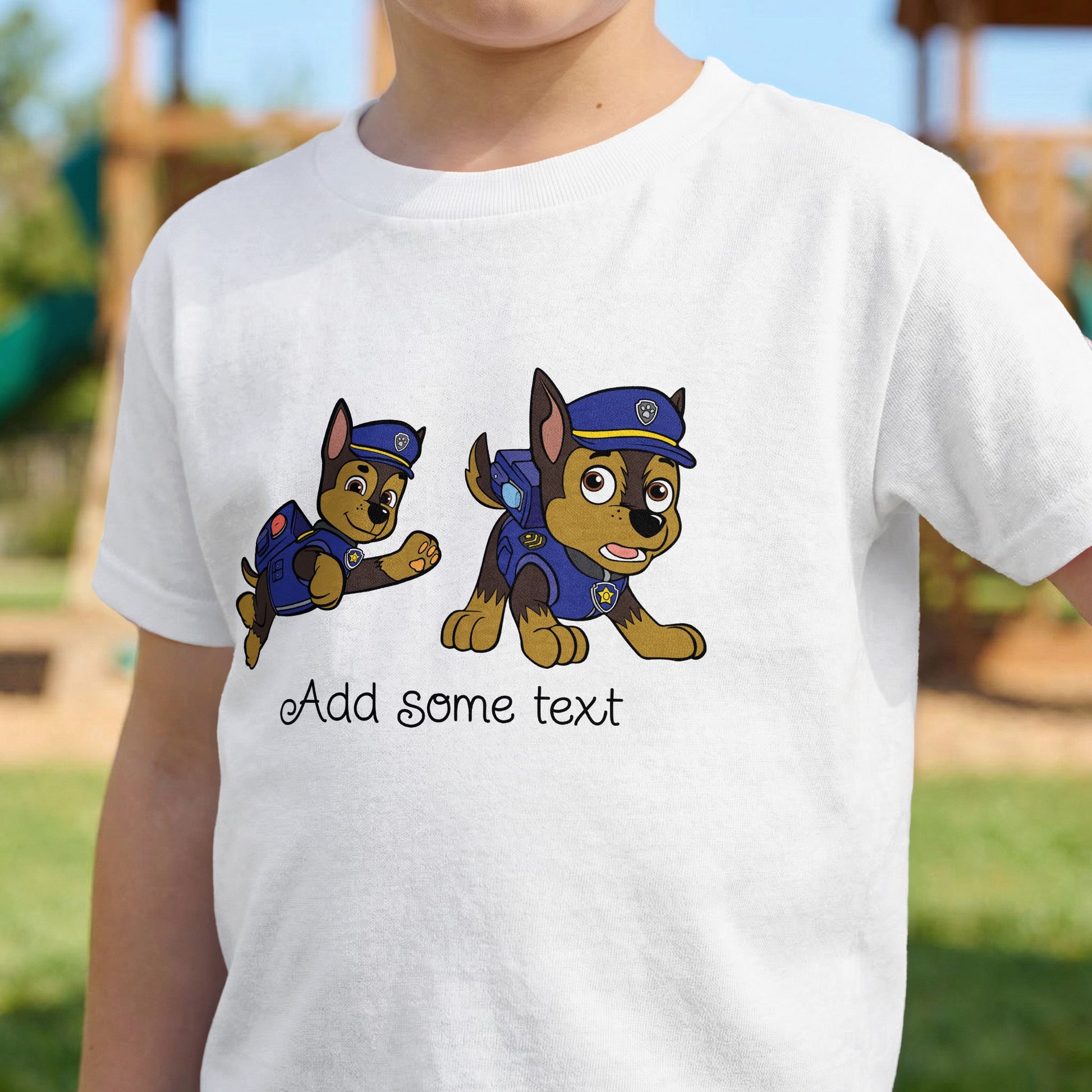 White t-shirt with cartoon police dogs and "Add some text" lettering.