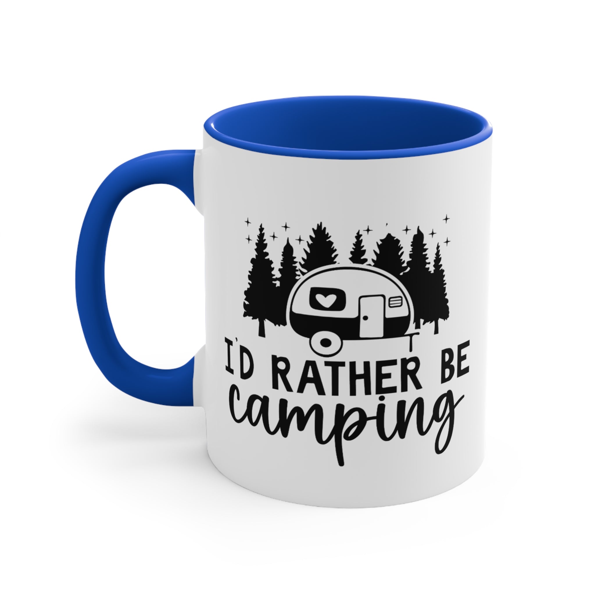 White mug with blue handle and interior, featuring camping graphic and text.