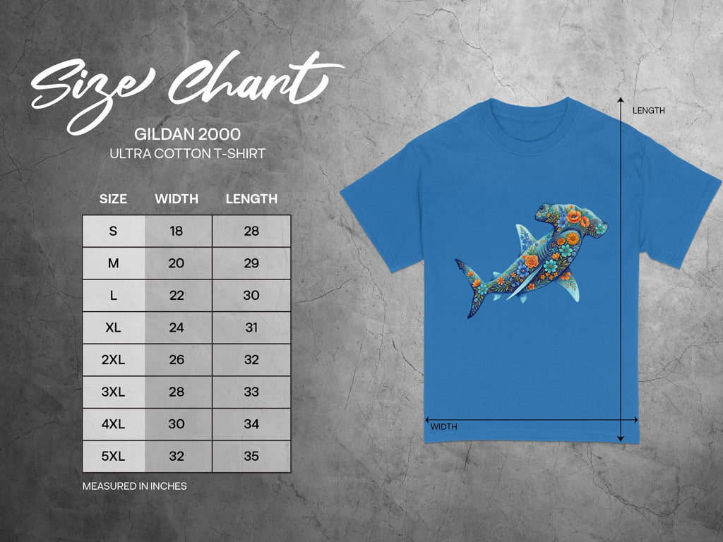 Gildan 2000 Ultra Cotton T-shirt size chart with width and length measurements for sizes S-5XL.