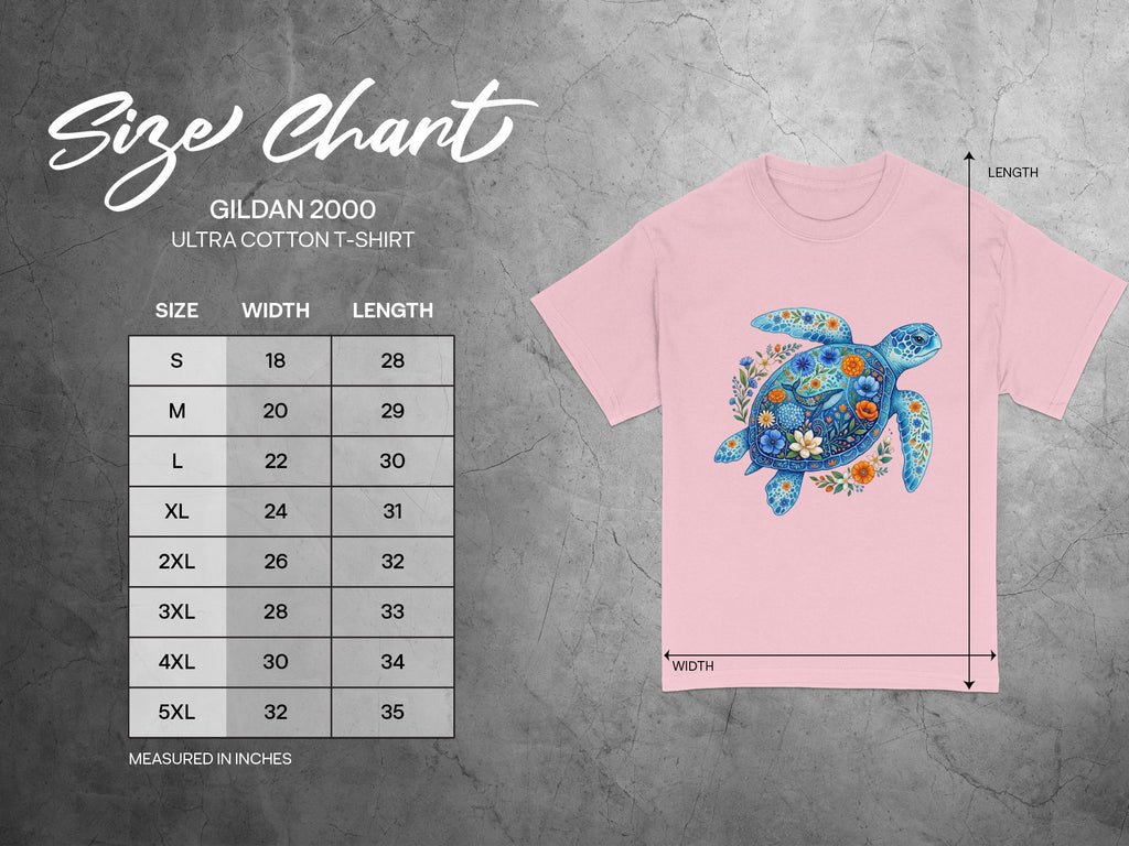 Gildan 2000 Ultra Cotton t-shirt size chart with width and length in inches.