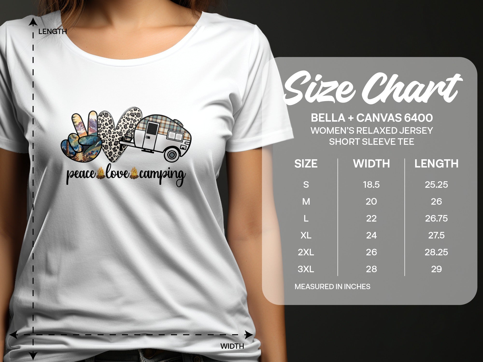 White t-shirt with "peace love camping" graphic and size chart.