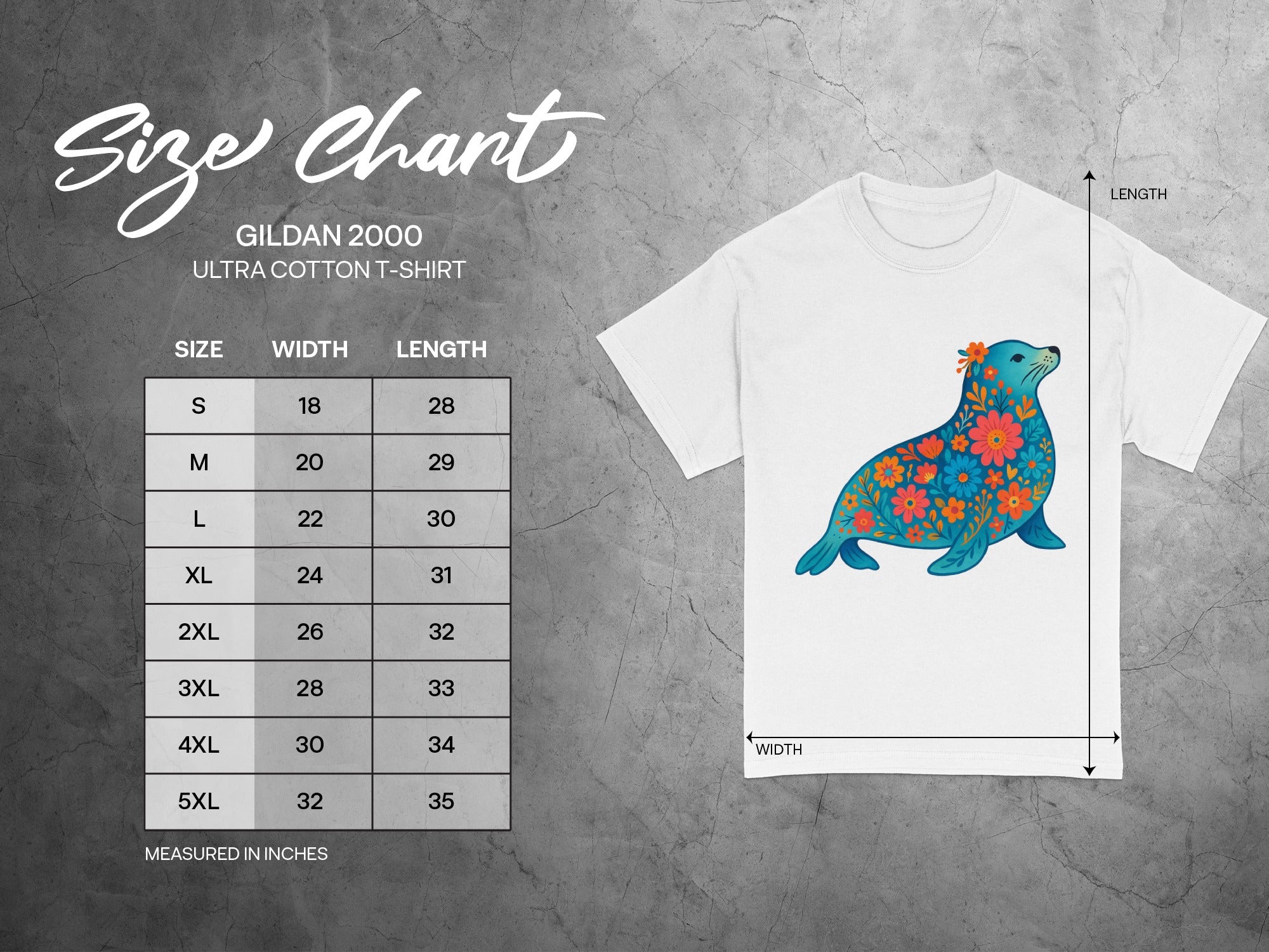 Gildan 2000 Ultra Cotton t-shirt size chart with measurements in inches.