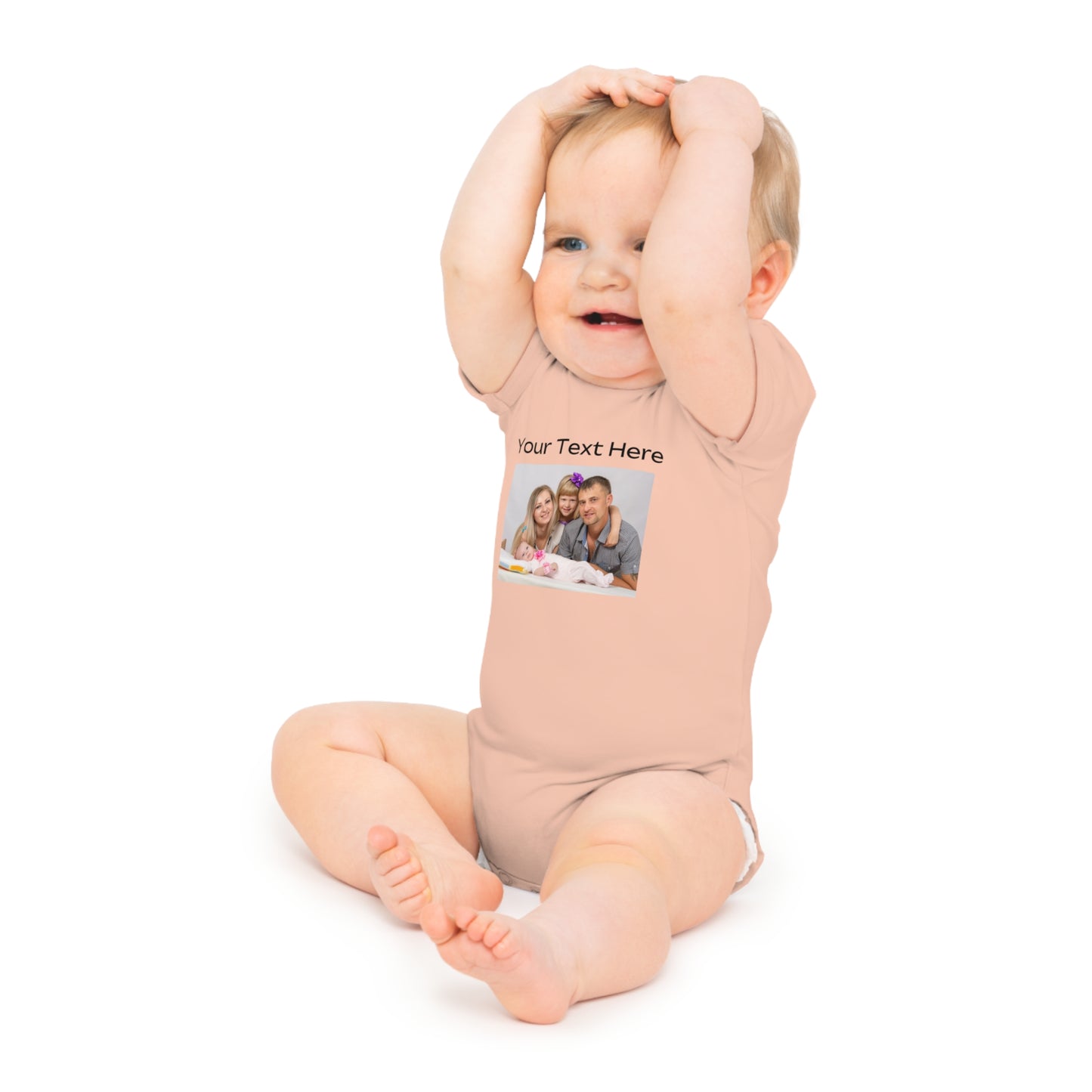 Peach baby onesie with personalized photo and text "Your Text Here."