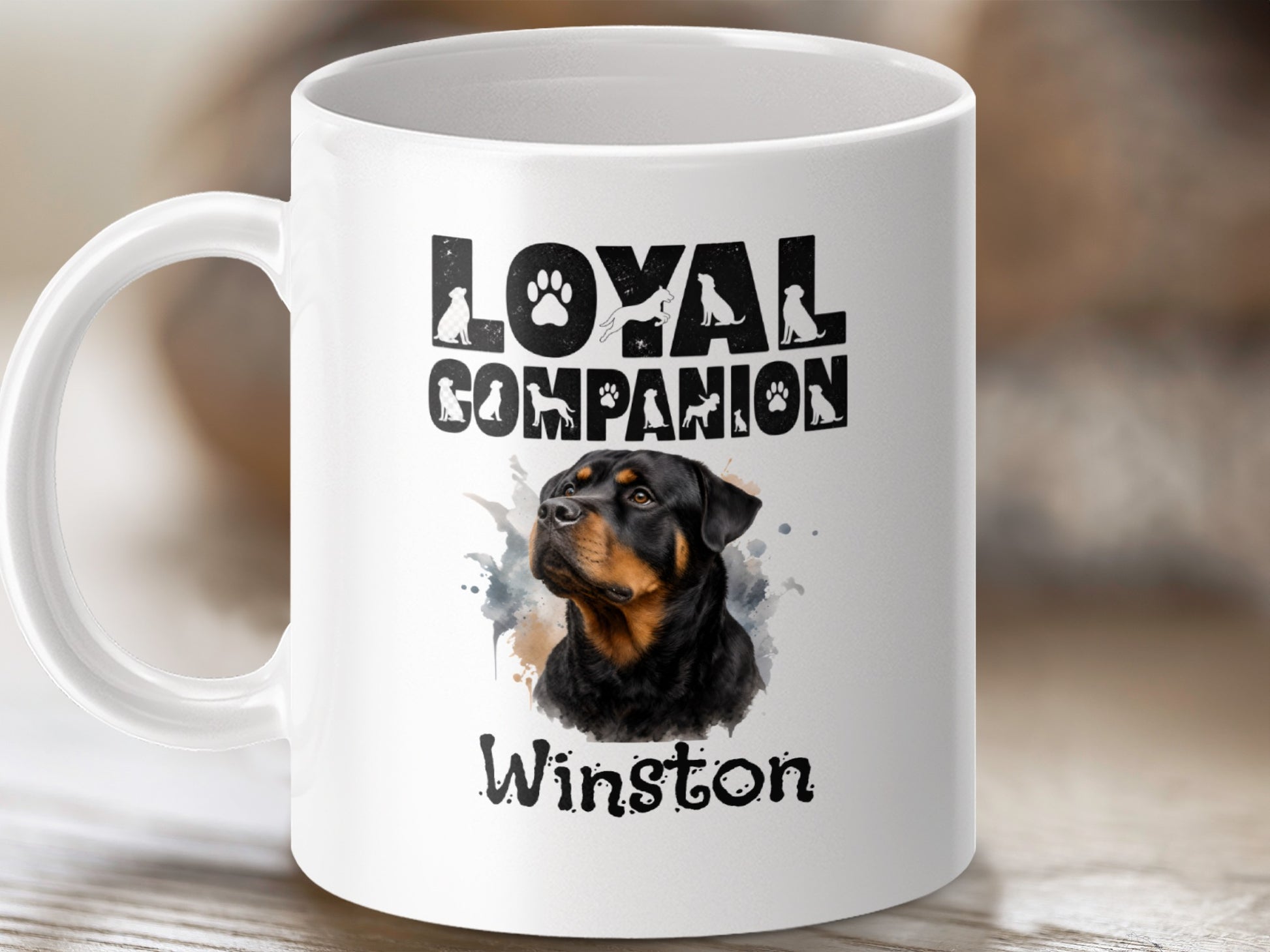White mug with Rottweiler portrait, "LOYAL COMPANION", and "Winston" text.