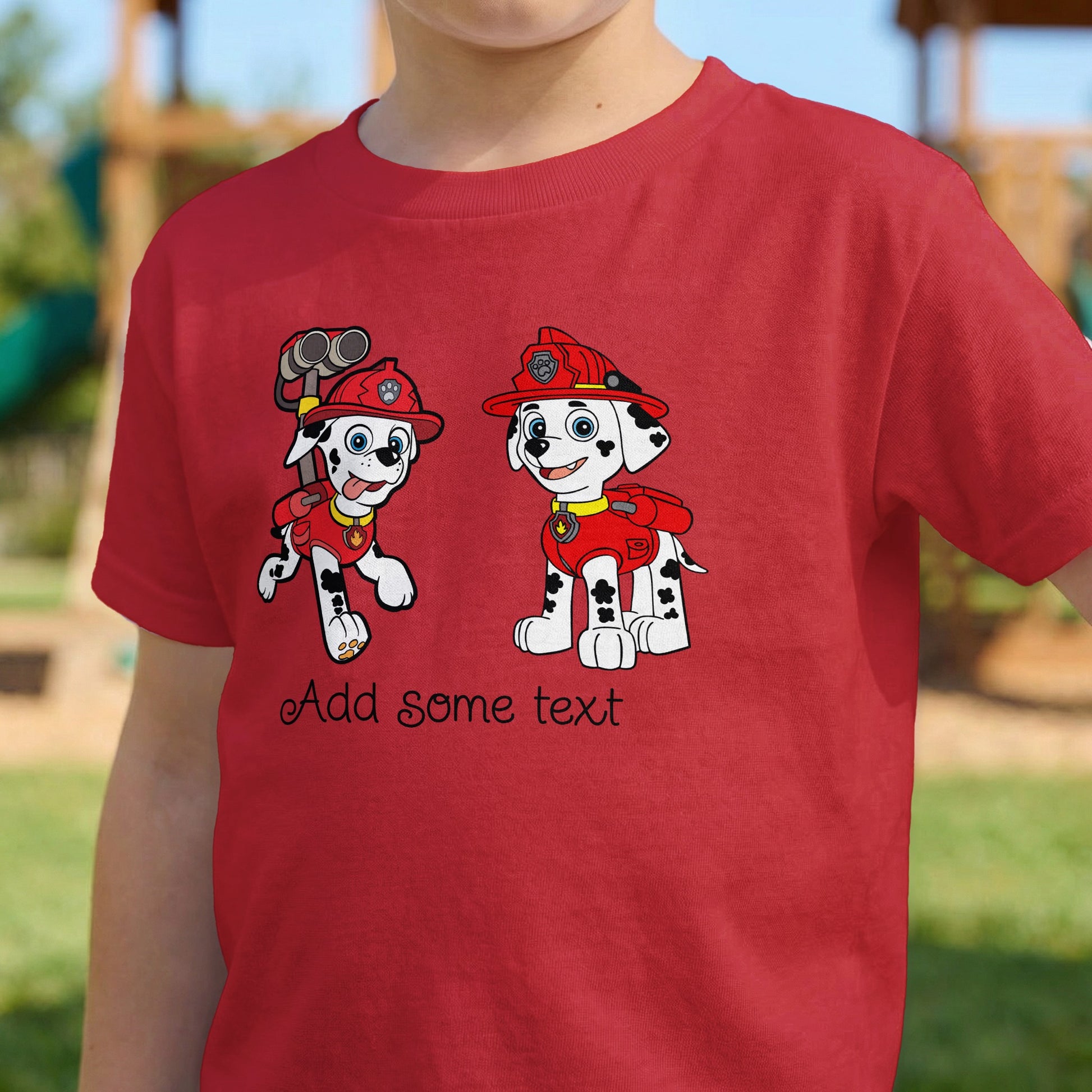 Red t-shirt with cartoon dogs in firefighter gear and "Add some text."
