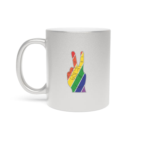 Silver mug with rainbow peace sign hand graphic on white background.