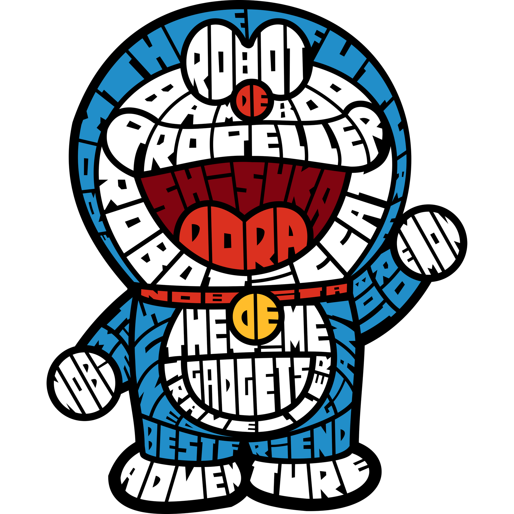 Doraemon robot made of words listing "Robot", "Propeller", "Gadgets", "Best Friend", "Adventure".