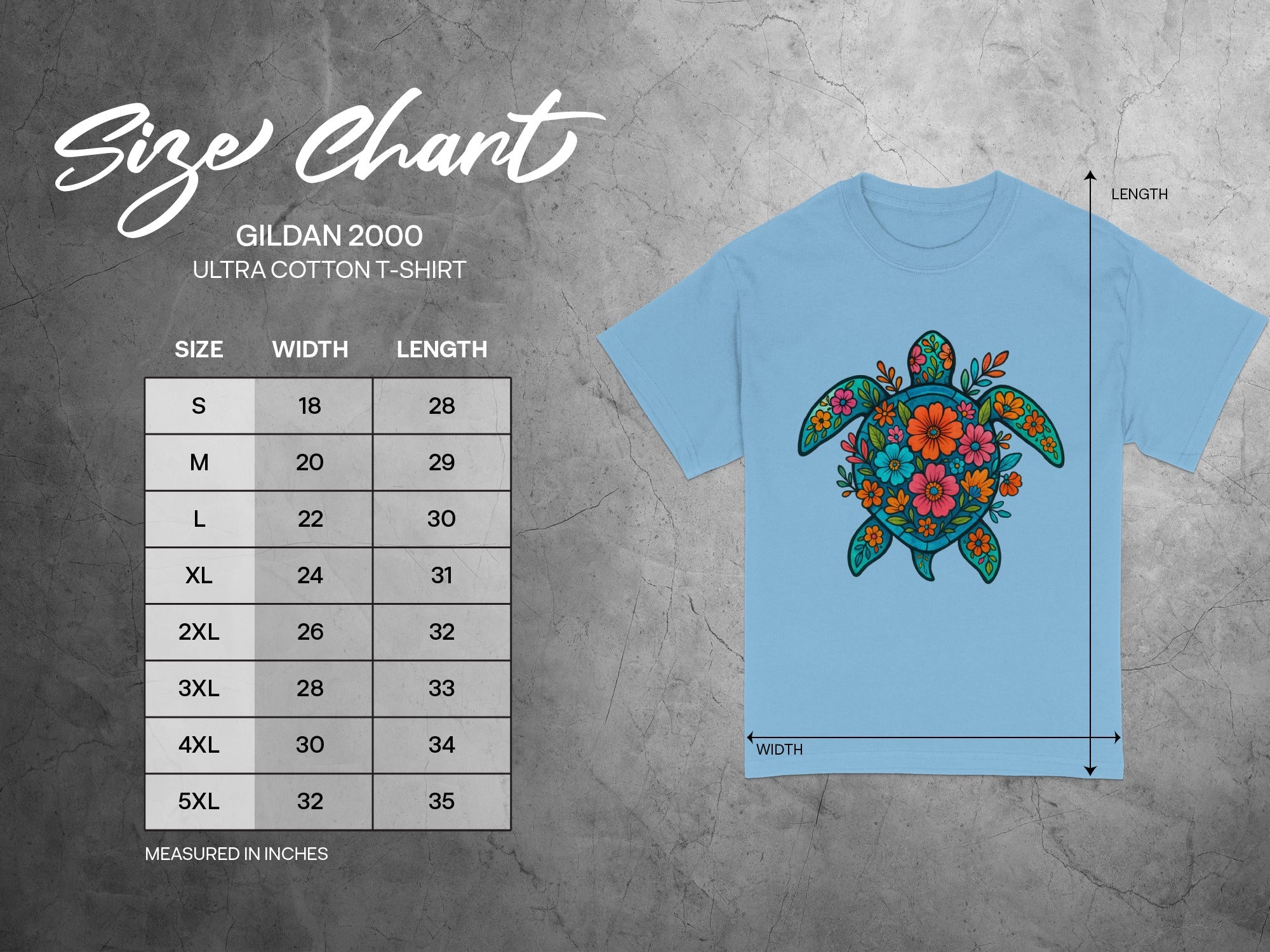 Gildan 2000 Ultra Cotton T-Shirt size chart with flower turtle graphic.