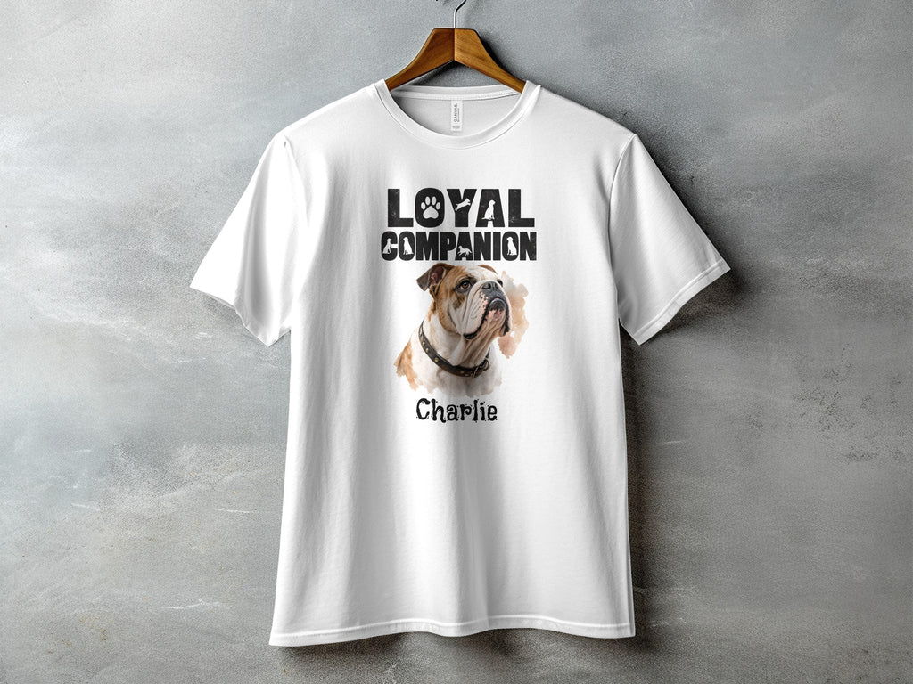 White t-shirt with "Loyal Companion" text and bulldog portrait named Charlie.