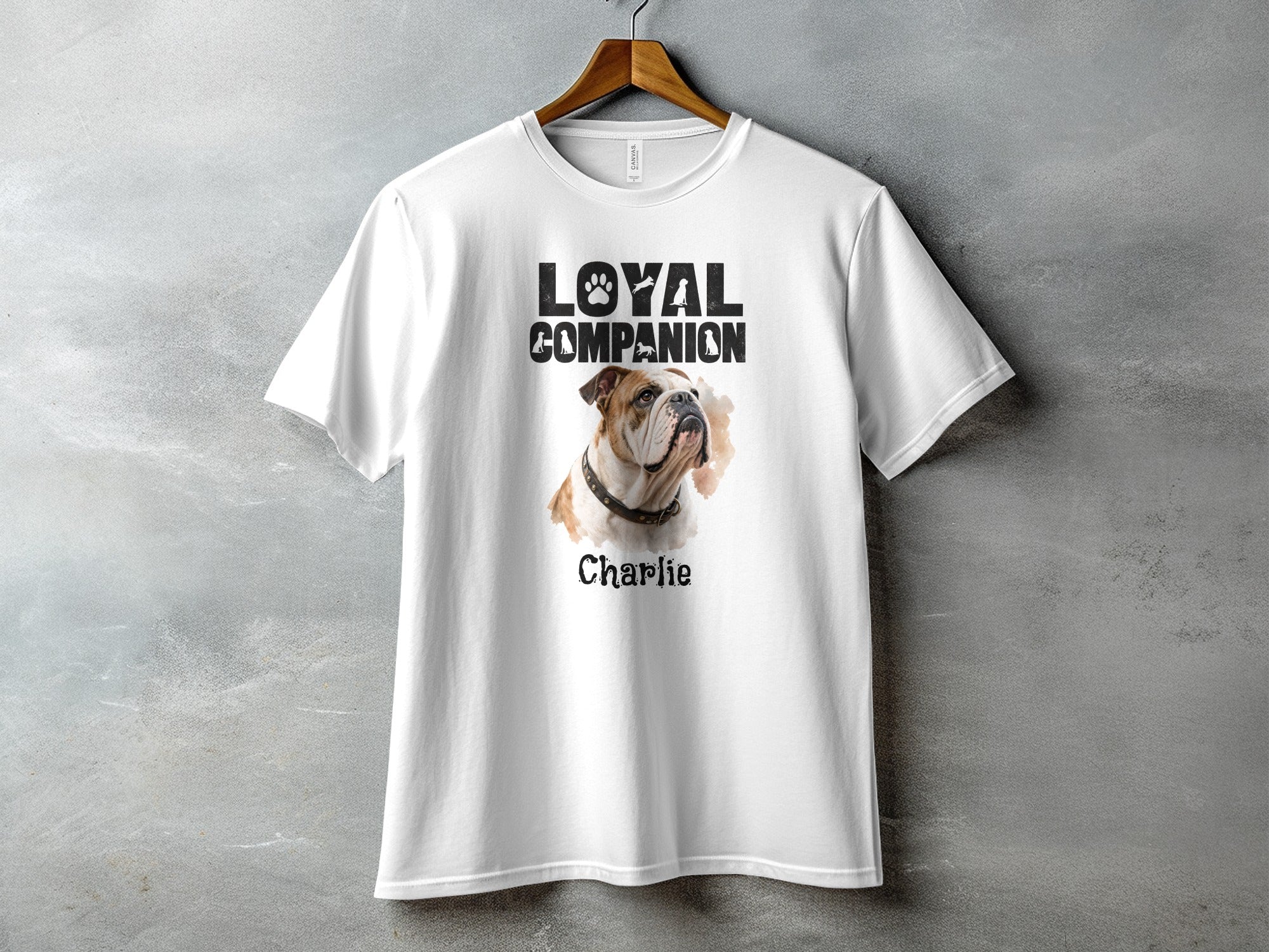 White t-shirt with "Loyal Companion" text and bulldog portrait named Charlie.