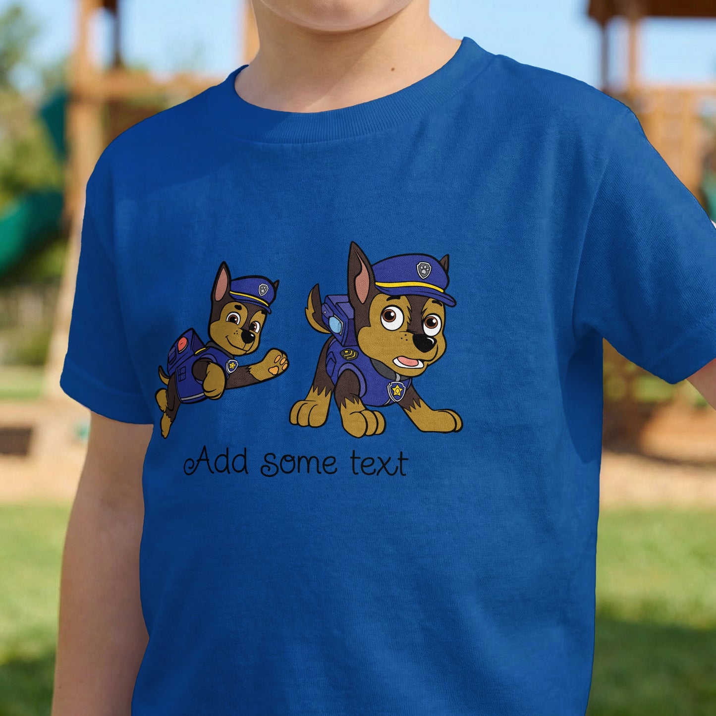 Blue t-shirt with cartoon police dogs and "Add some text" graphic.