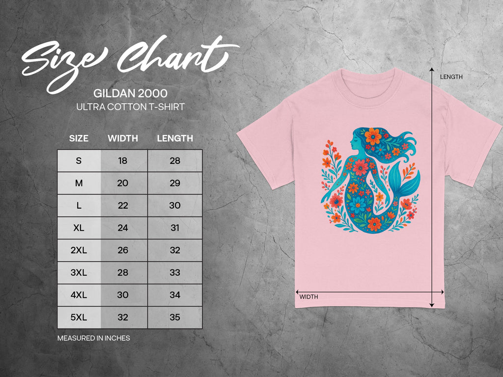 Gildan 2000 Ultra Cotton t-shirt size chart with width and length measurements in inches.