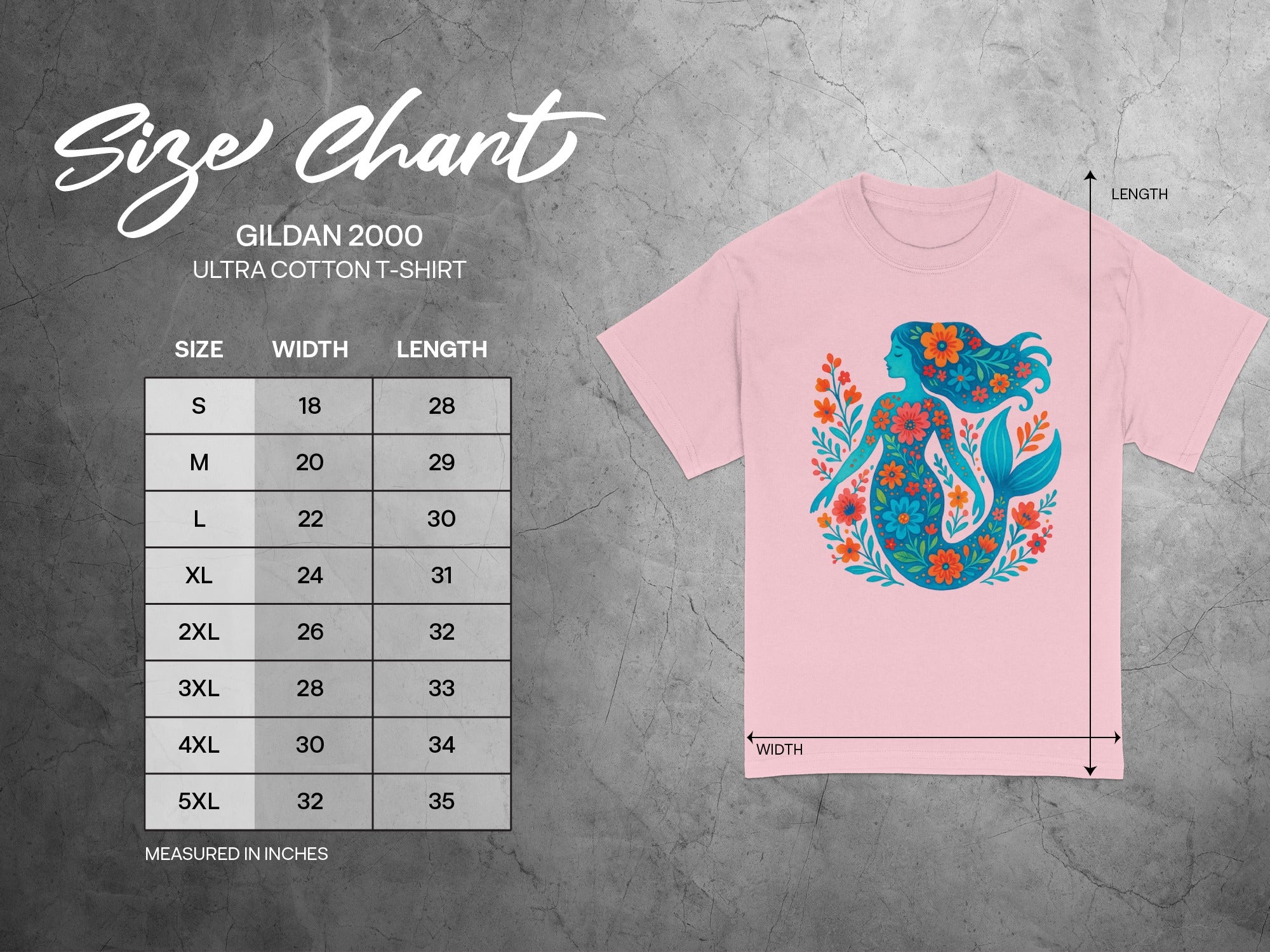 Gildan 2000 Ultra Cotton t-shirt size chart with width and length measurements in inches.