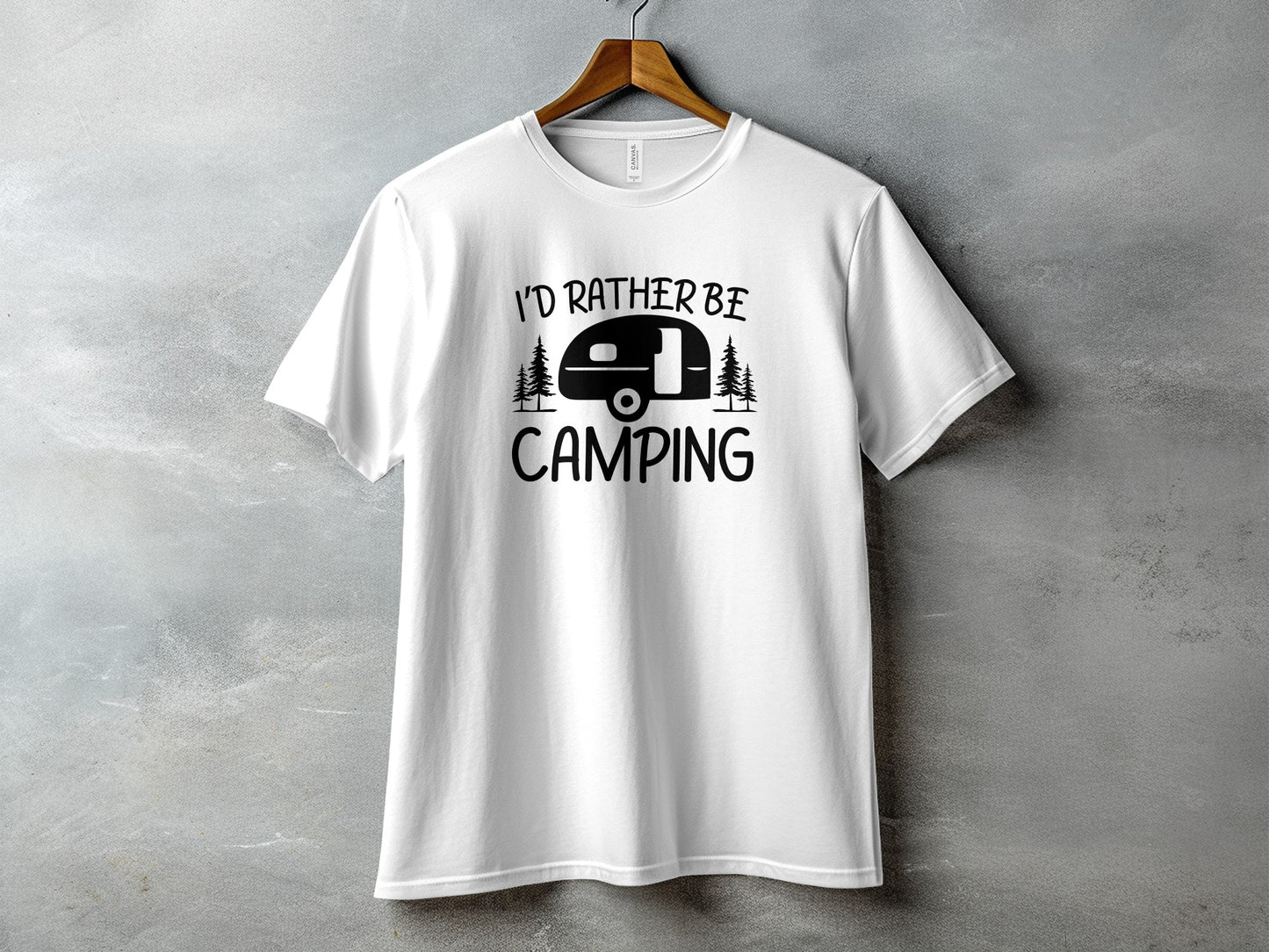 White t-shirt with black text and graphic: "I'd Rather Be Camping"