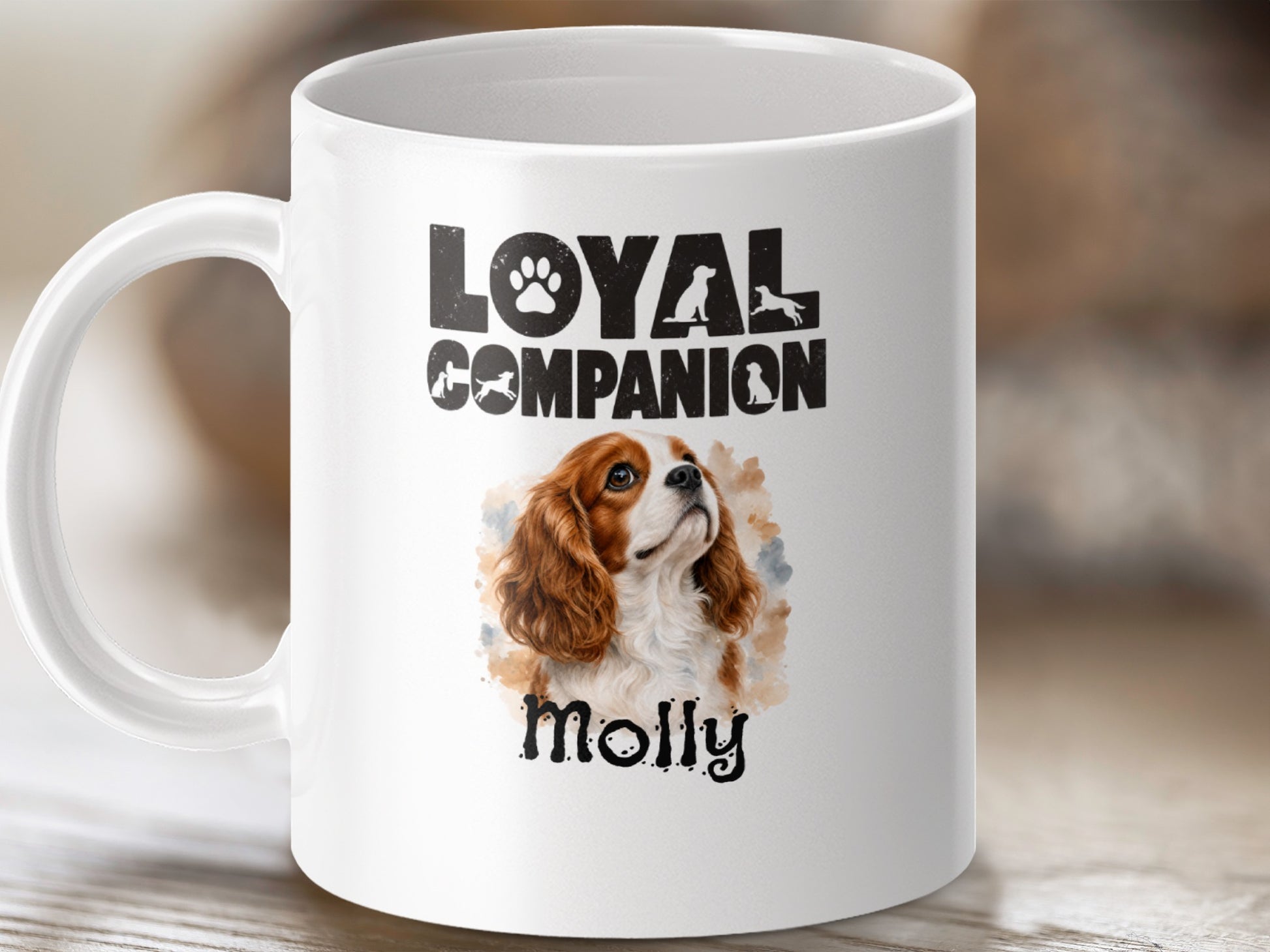 White mug with Cavalier King Charles Spaniel portrait and "Molly" text.