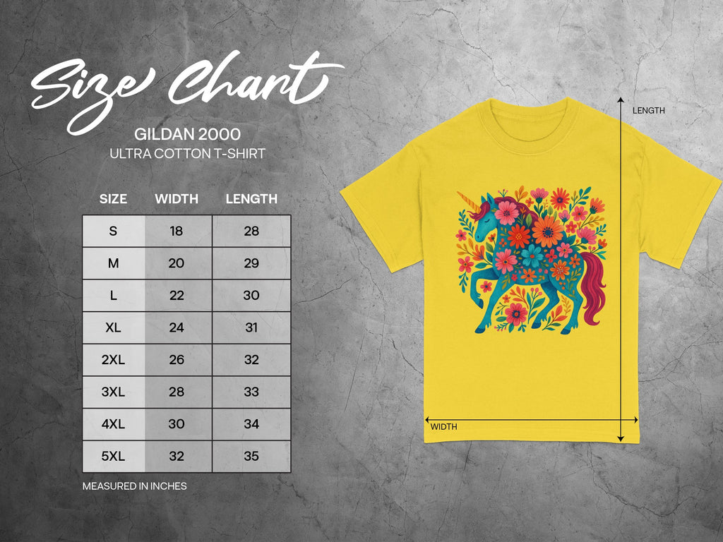 Gildan 2000 Ultra Cotton t-shirt size chart with measurements in inches.