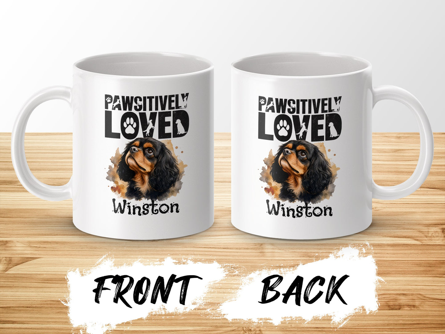 Two white mugs with "Pawsitively Loved Winston" text and dog illustration.