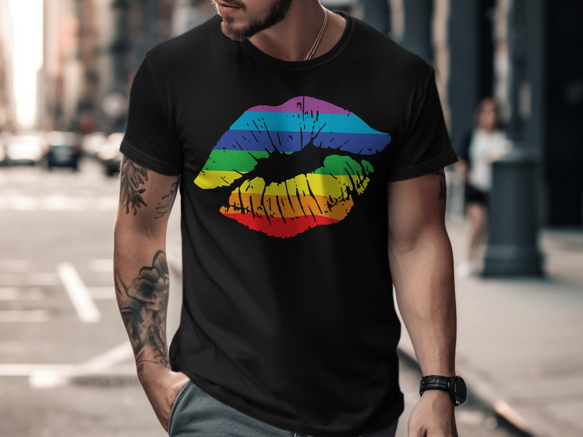 Black t-shirt with rainbow lip print graphic on chest.