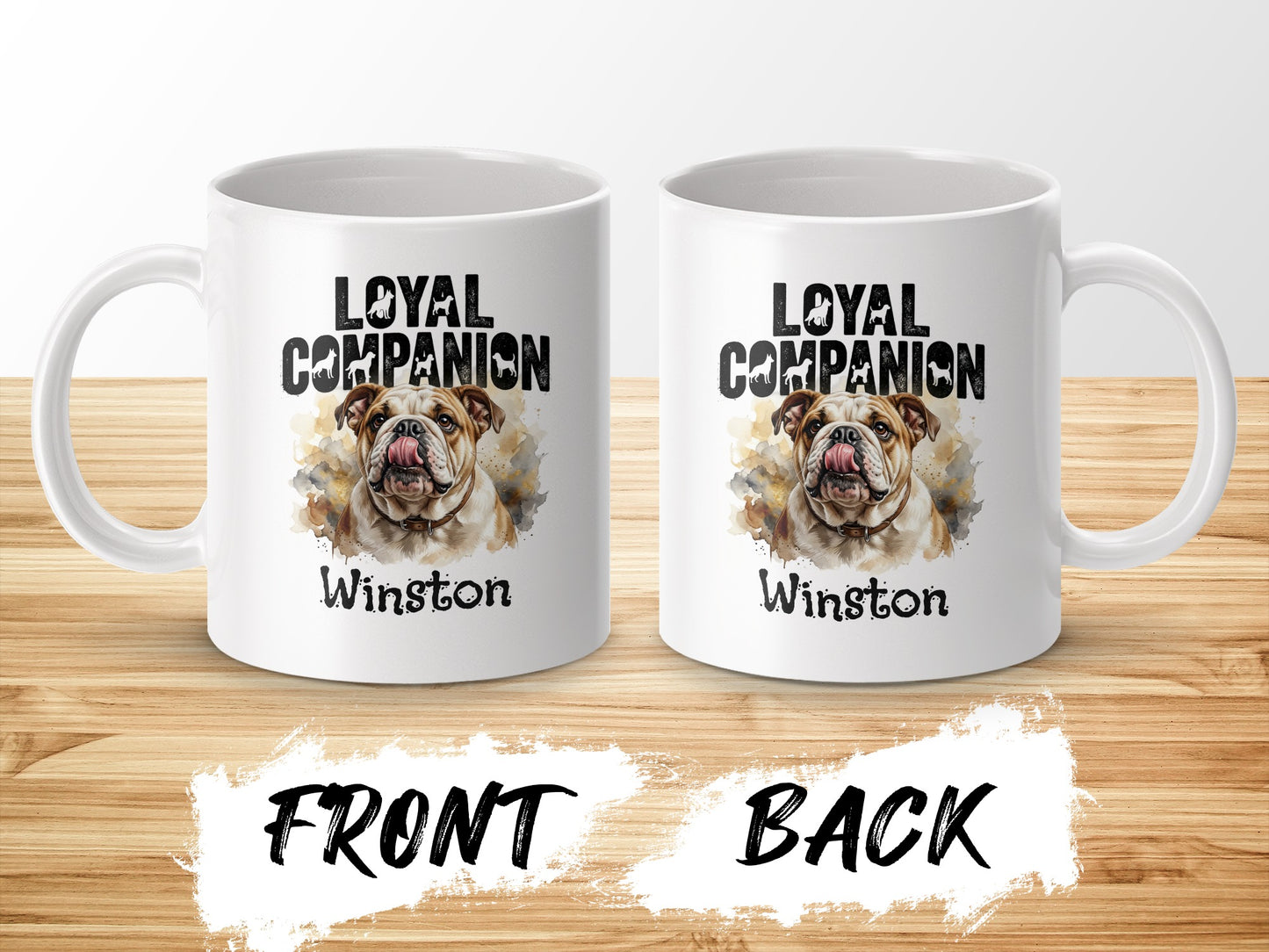 Two white mugs featuring bulldog art and "Winston Loyal Companion" text.