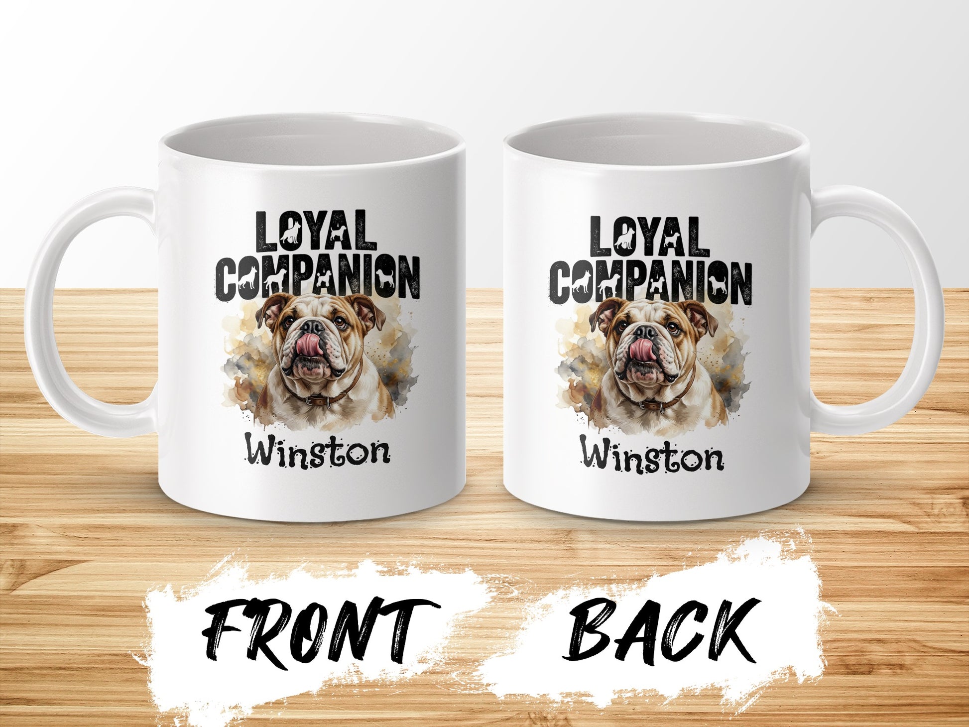 Two white mugs featuring bulldog art and "Winston Loyal Companion" text.