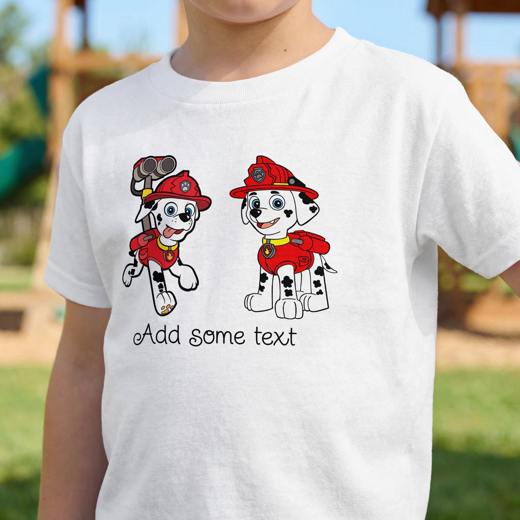 White t-shirt with cartoon dogs wearing firefighter hats and vests, and text.