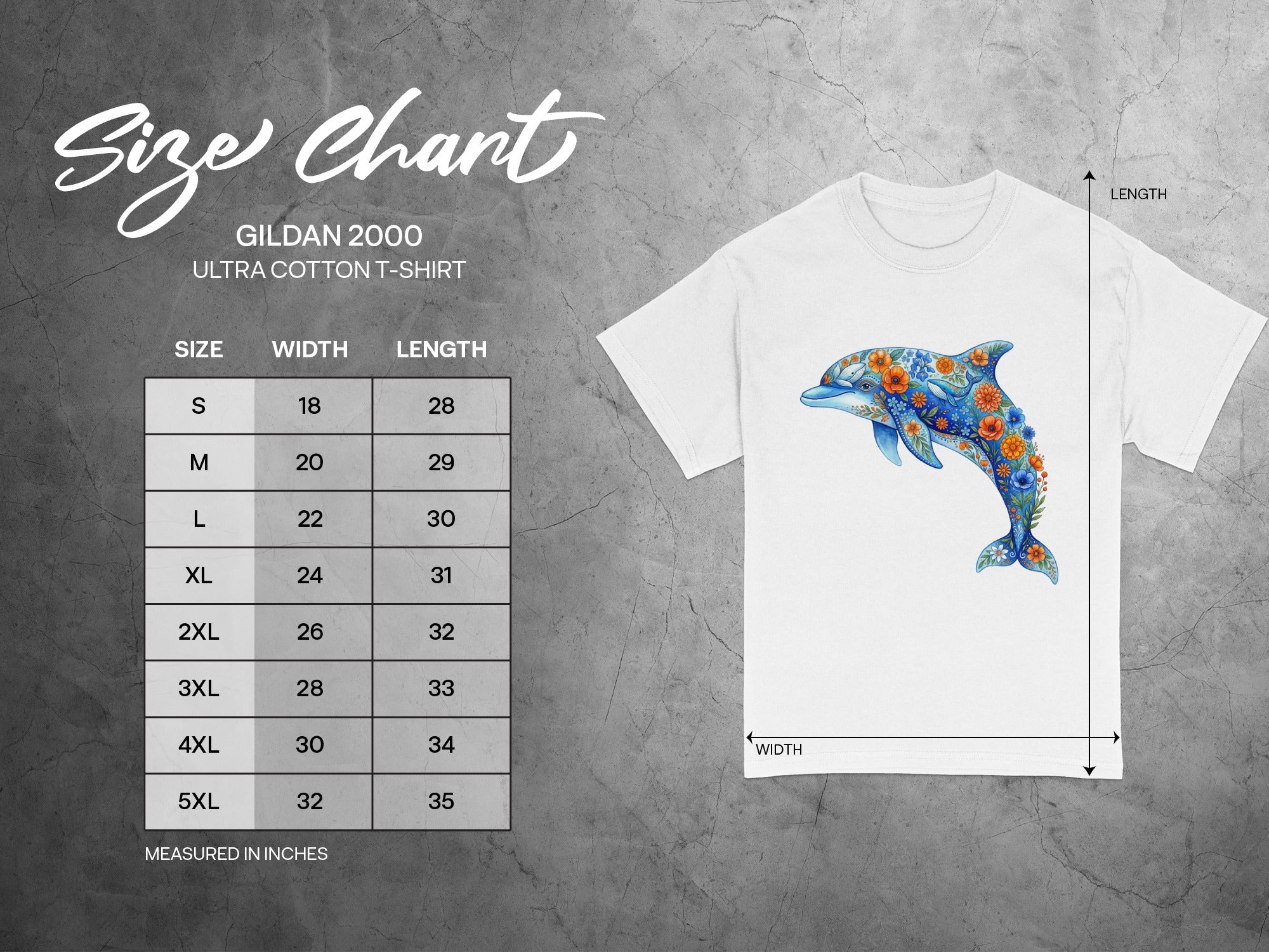 Gildan 2000 Ultra Cotton T-shirt size chart with measurements in inches.