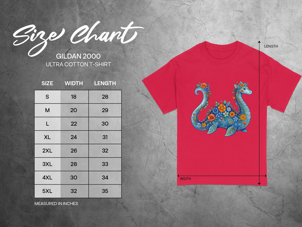 Gildan 2000 Ultra Cotton T-shirt size chart showing width and length measurements in inches.