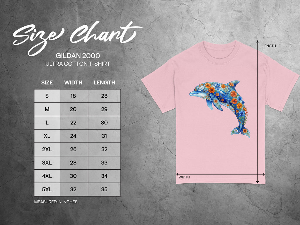 Gildan 2000 Ultra Cotton t-shirt size chart with floral dolphin graphic.
