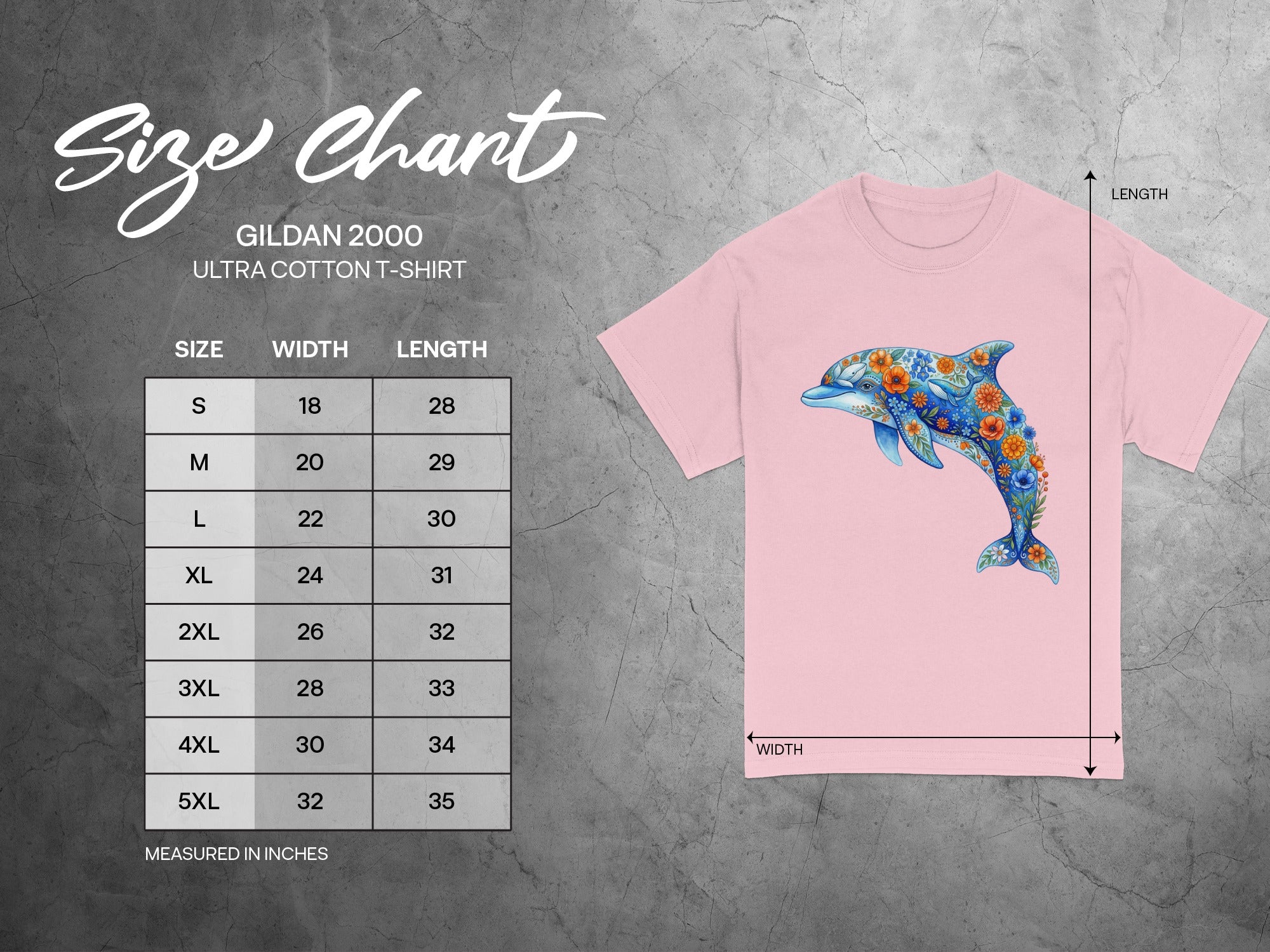 Gildan 2000 Ultra Cotton t-shirt size chart with floral dolphin graphic.