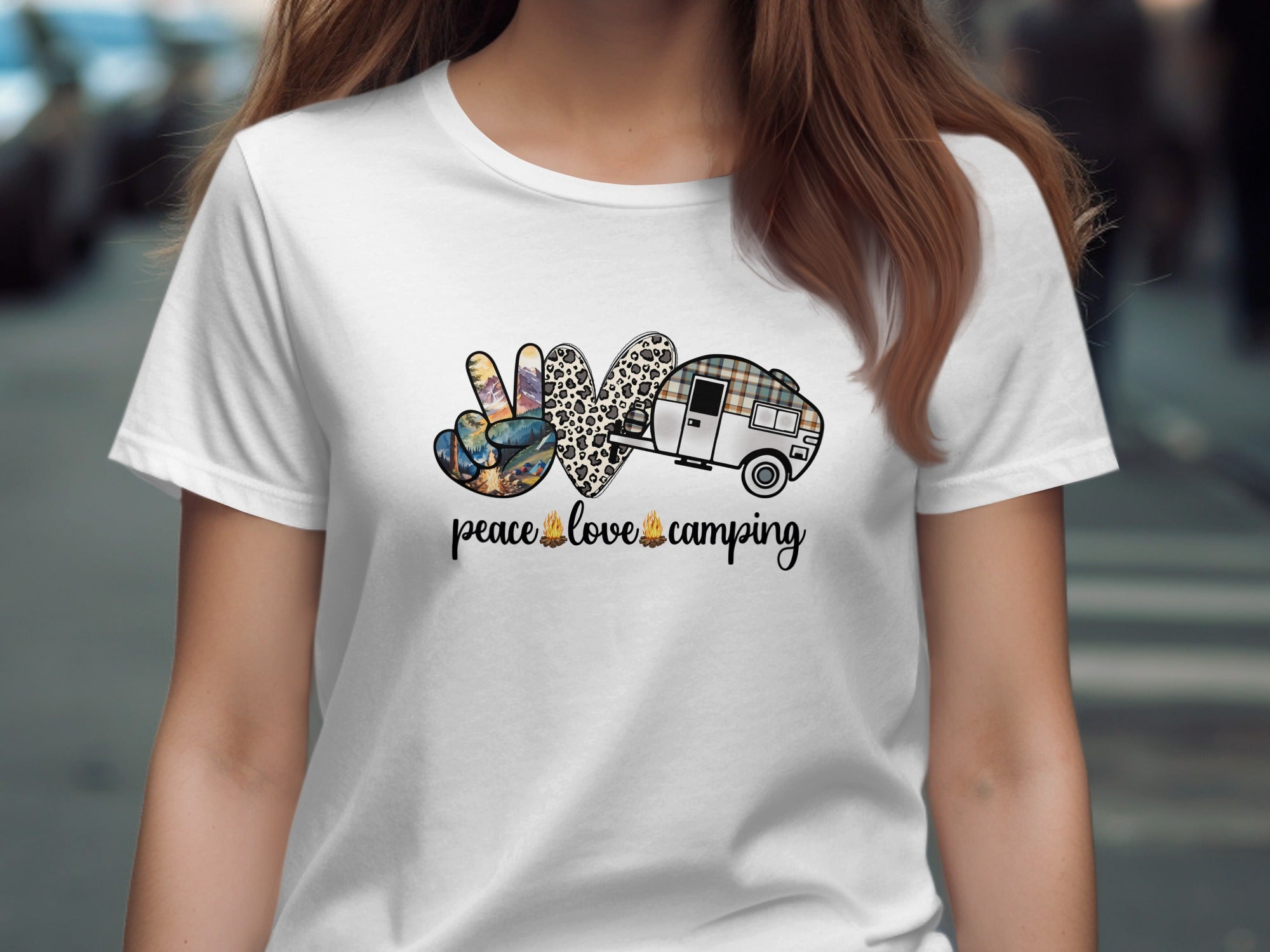 White t-shirt graphic with peace sign, heart, camper, and text.