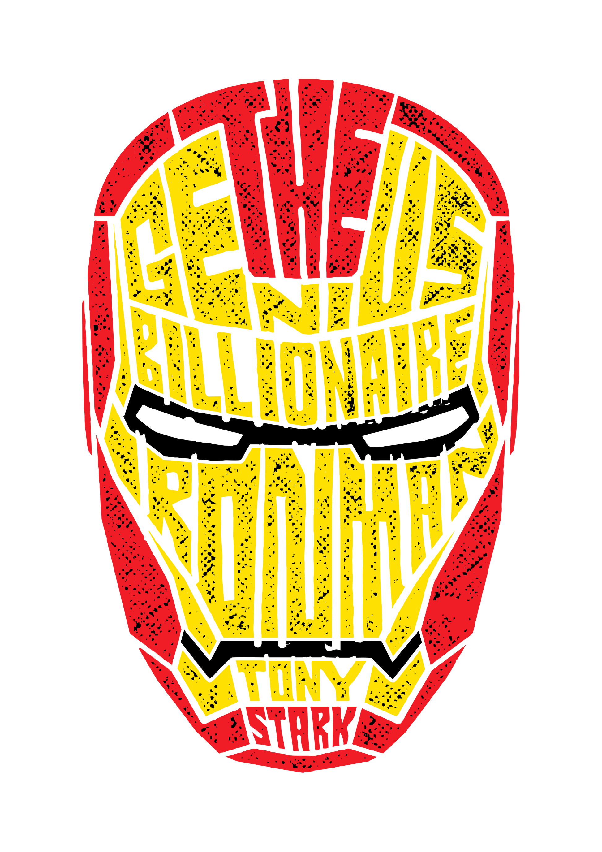 Iron Man mask design with text "The genius billionaire playboy philanthropist Tony Stark".