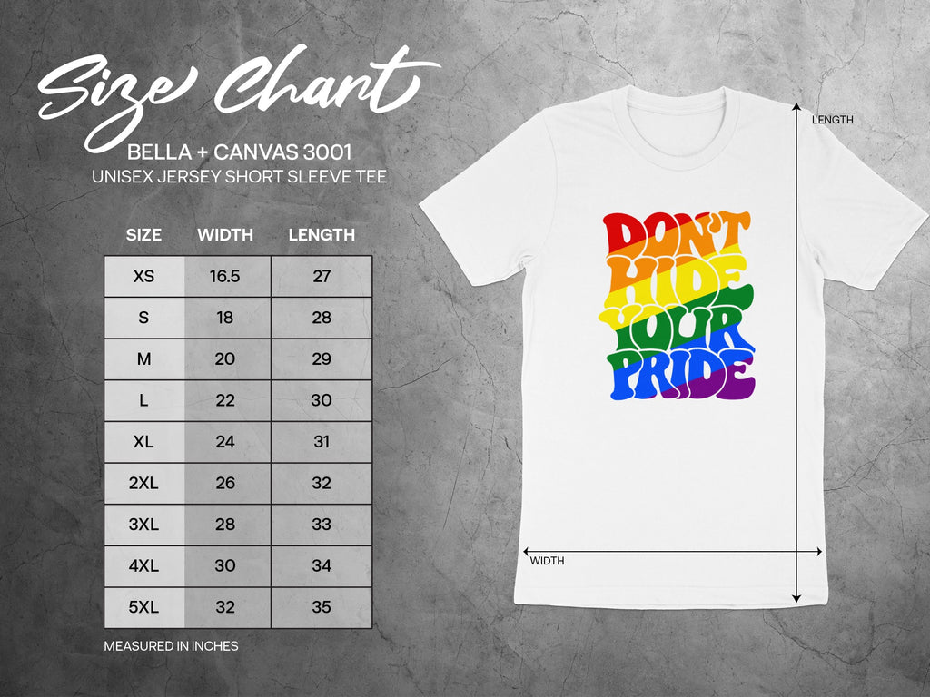 BELLA + CANVAS 3001 size chart for unisex jersey short sleeve tee.