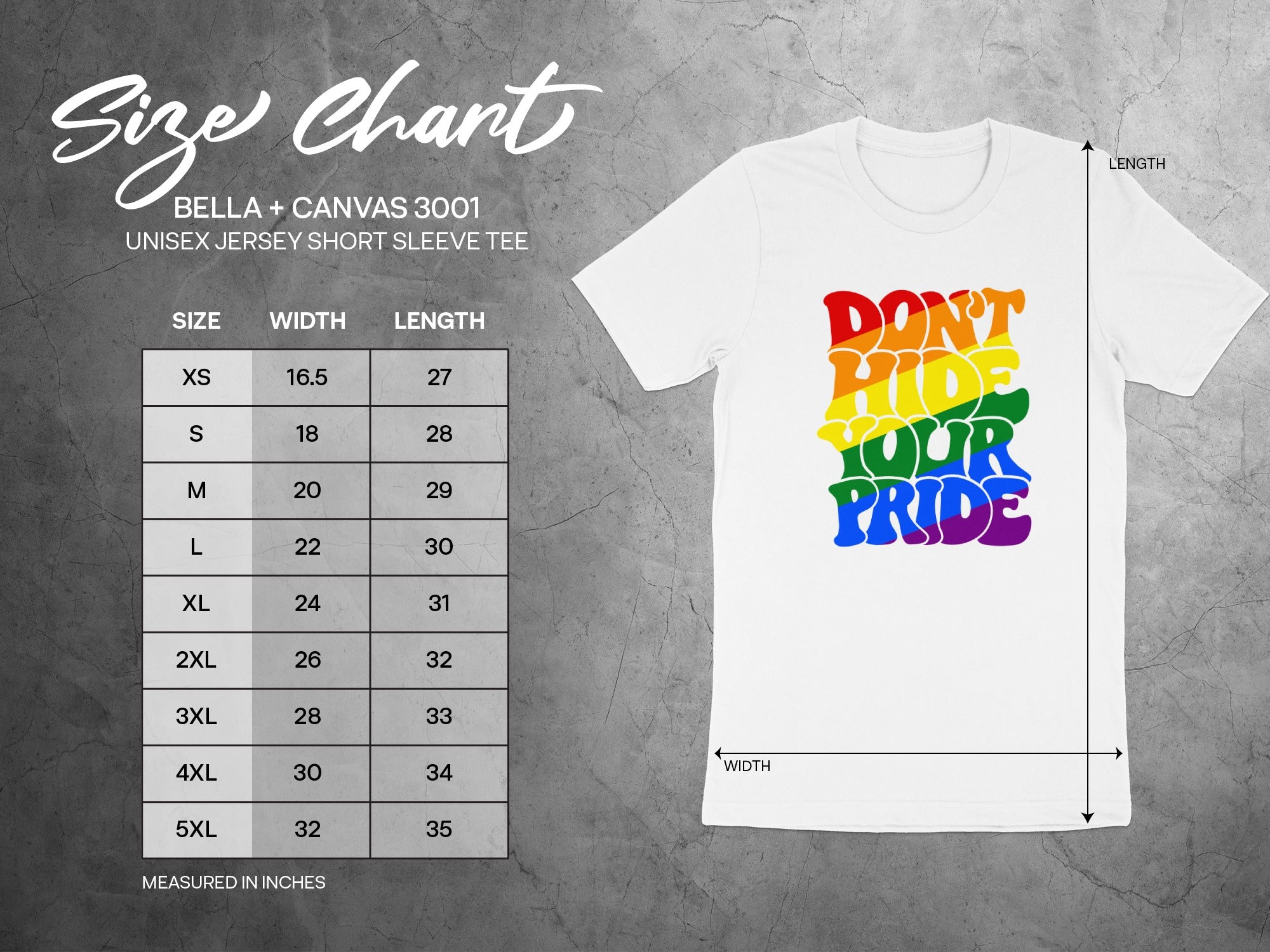BELLA + CANVAS 3001 size chart for unisex jersey short sleeve tee.