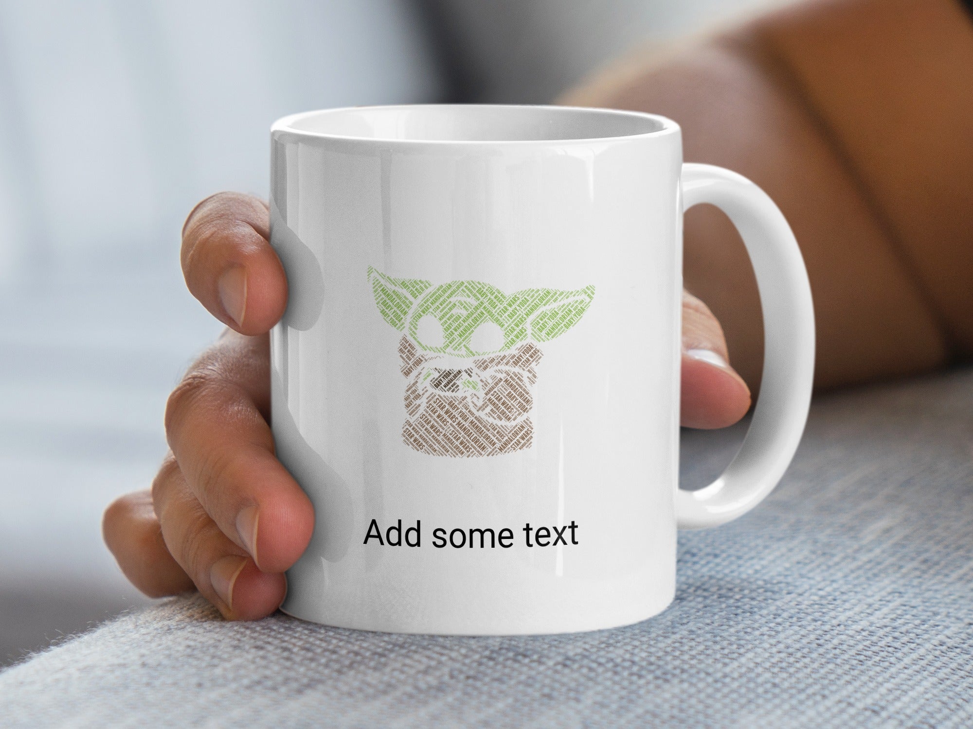 White mug with Baby Yoda design and "Add some text" caption.