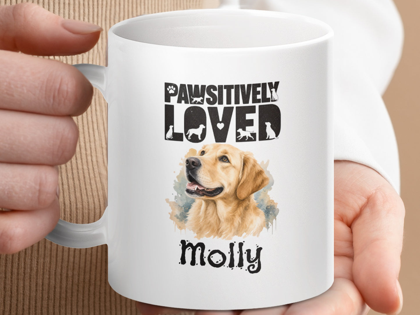 White mug with "Pawsitively Loved" text, dog silhouette, and a golden retriever portrait named Molly.