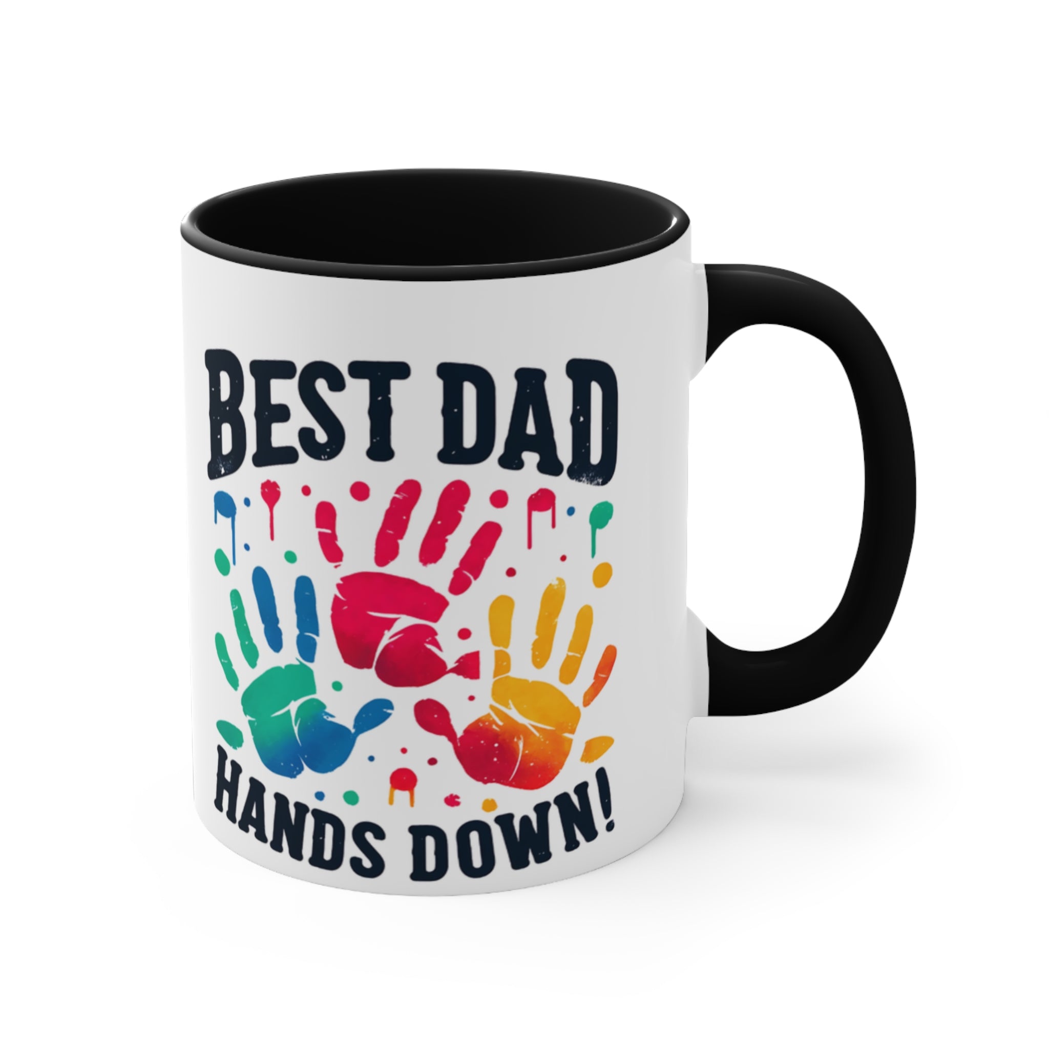 White mug with colorful handprints and text "BEST DAD HANDS DOWN!".