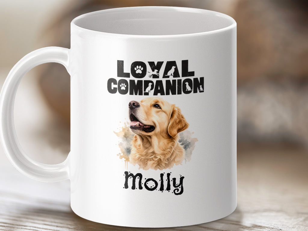 White mug with a golden retriever portrait, "LOYAL COMPANION," and "Molly".