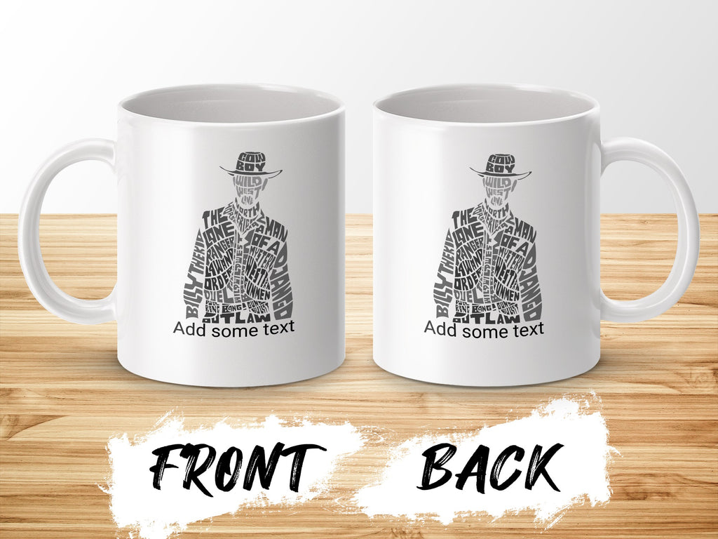 White mugs with "Billy the Kid" text art, front and back views.