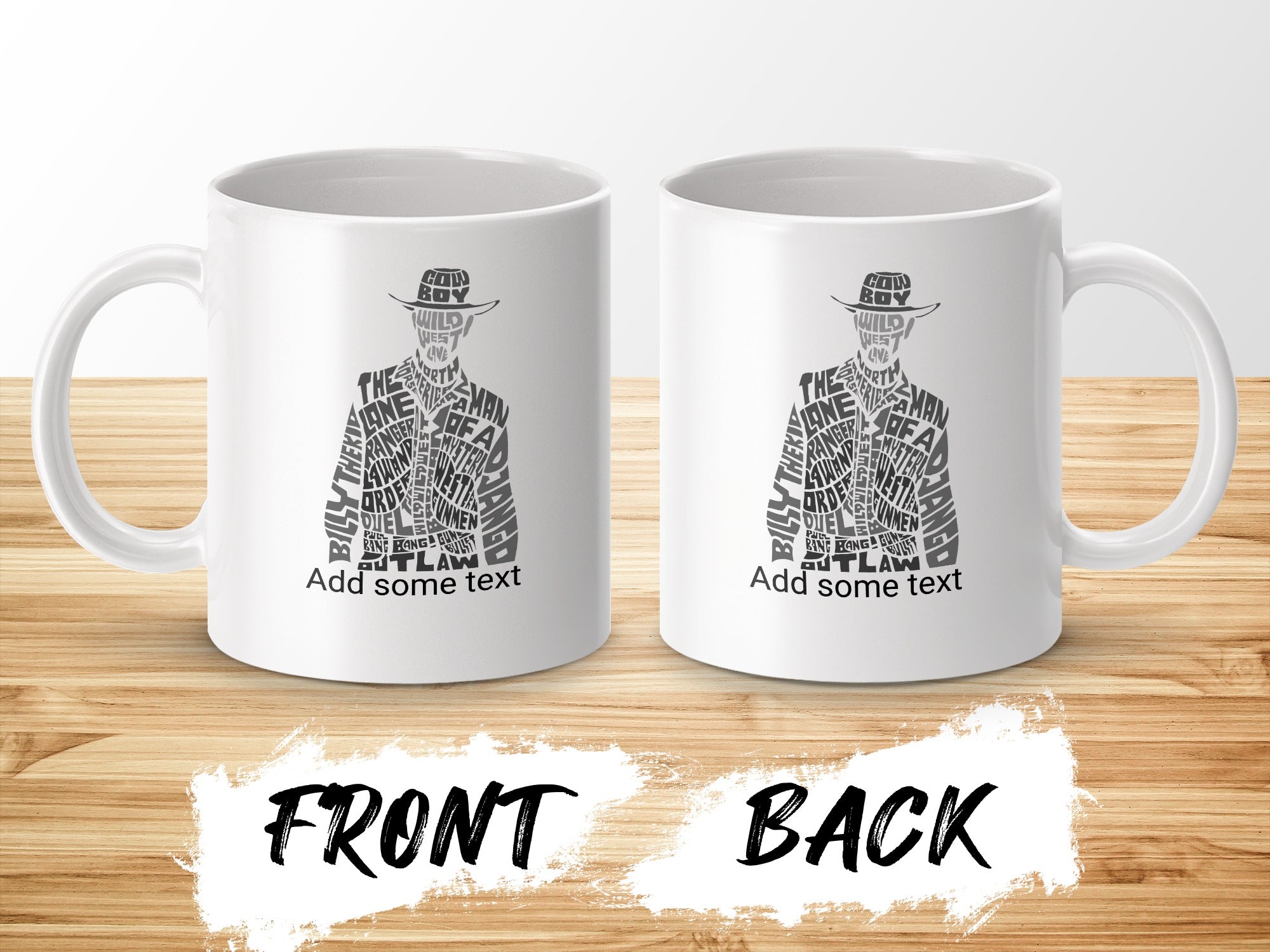 White mugs with "Billy the Kid" text art, front and back views.