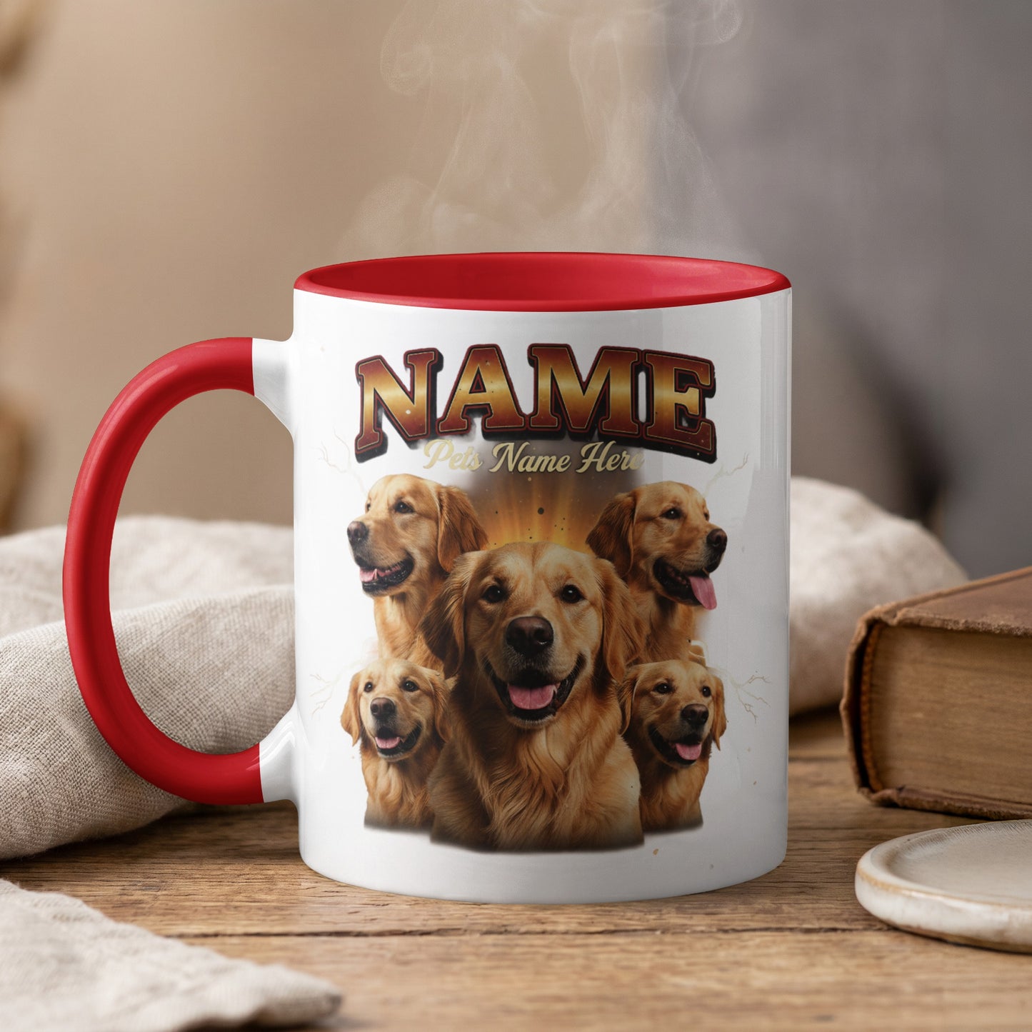 Mug with five golden retriever faces and "Pets Name Here" text.