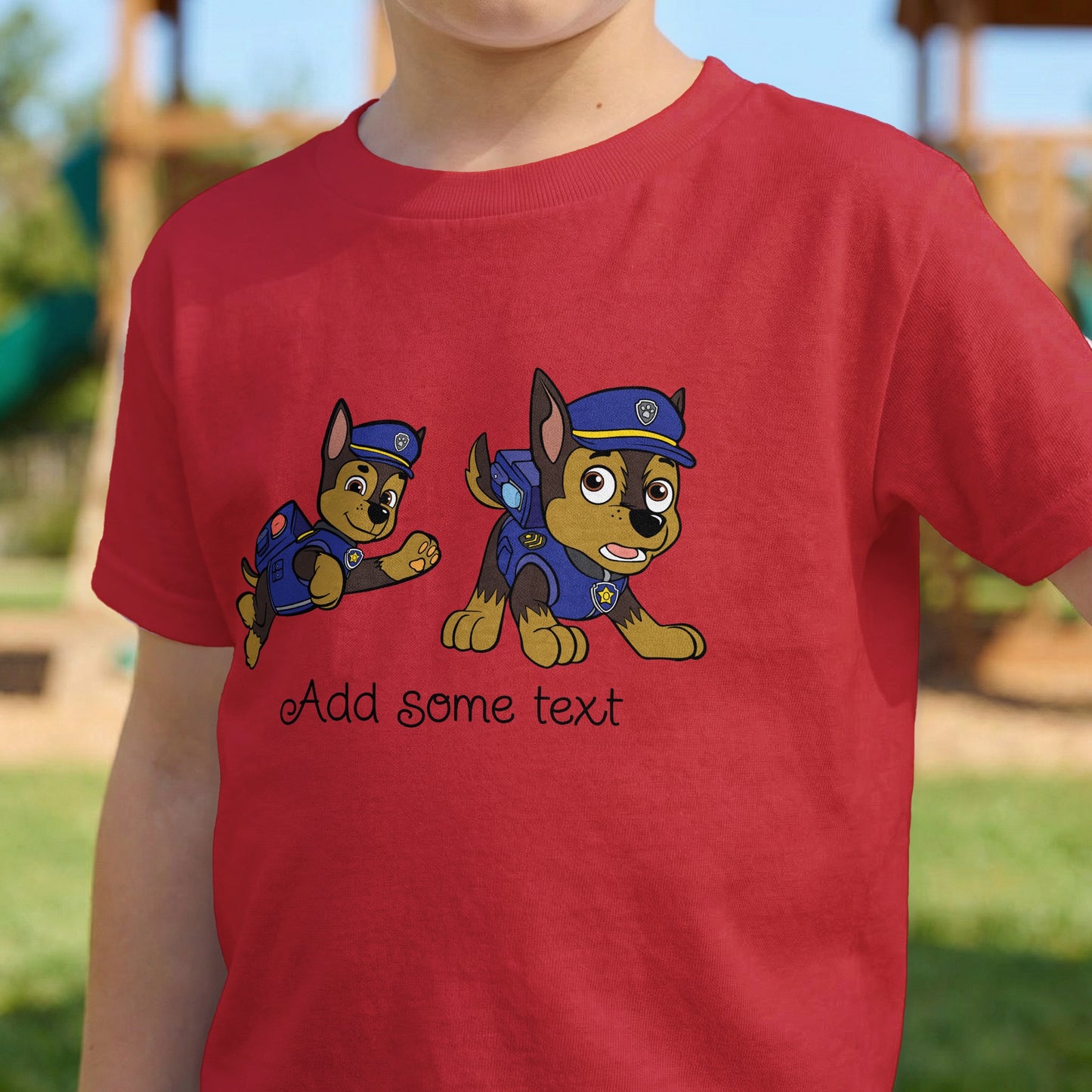 Red t-shirt with two Paw Patrol characters and "add some text" graphic.