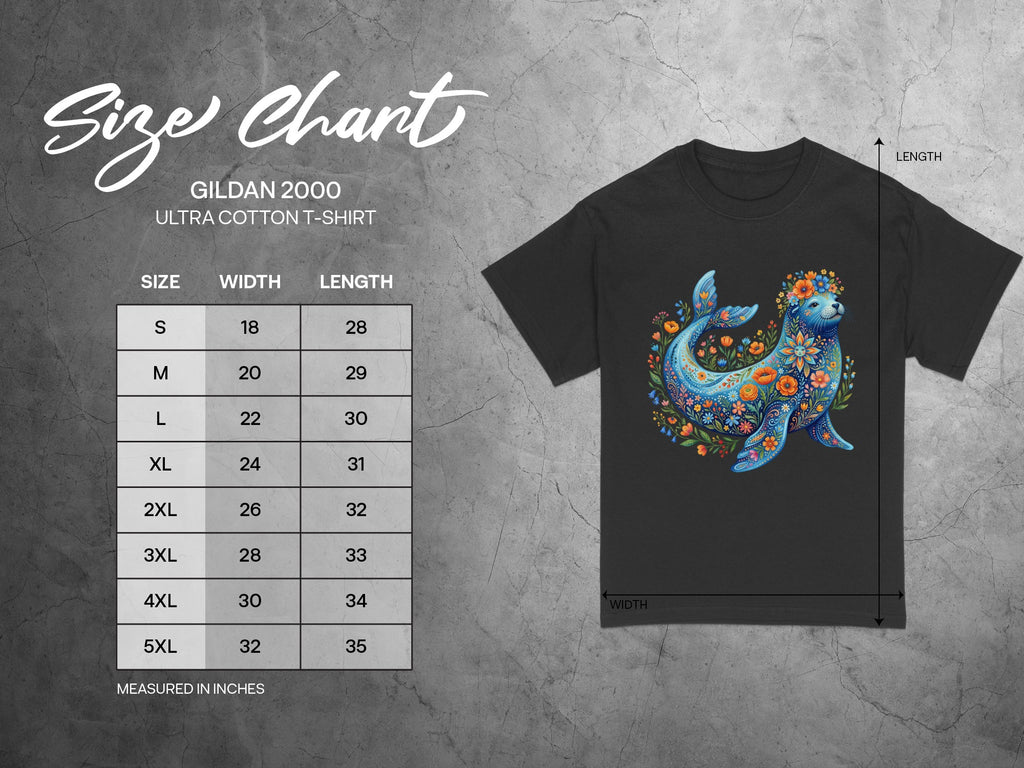 Gildan 2000 Ultra Cotton T-shirt size chart with measurements in inches.