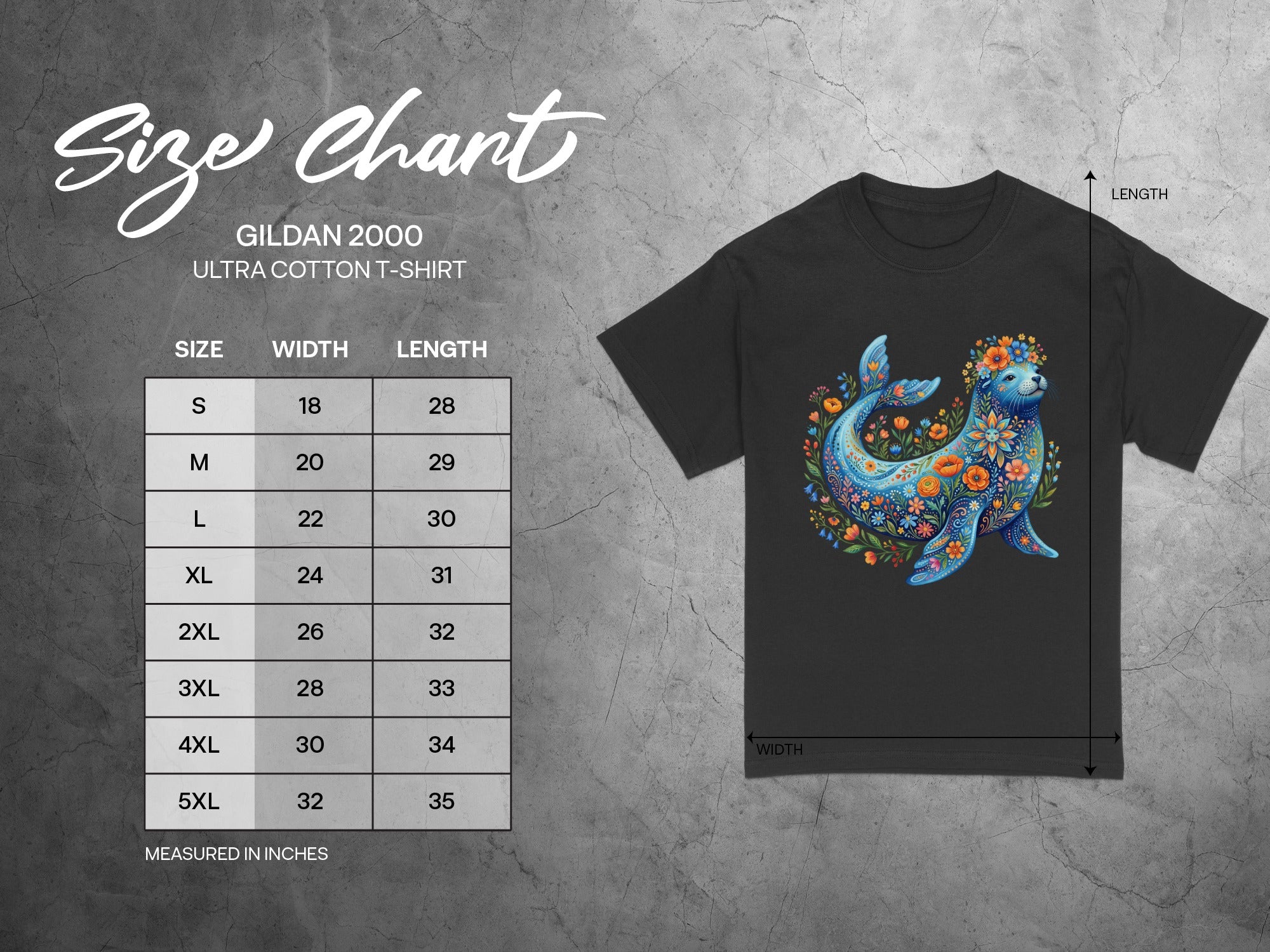 Gildan 2000 Ultra Cotton T-shirt size chart with measurements in inches.