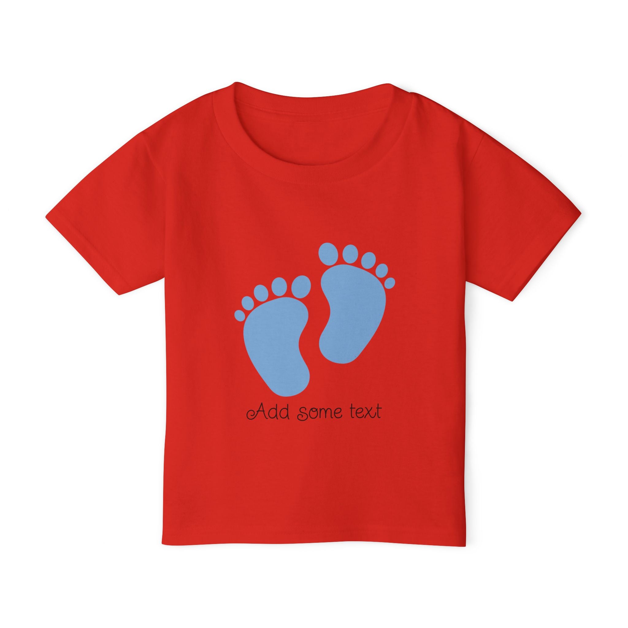 Red t-shirt with blue footprints graphic and "Add some text" below.